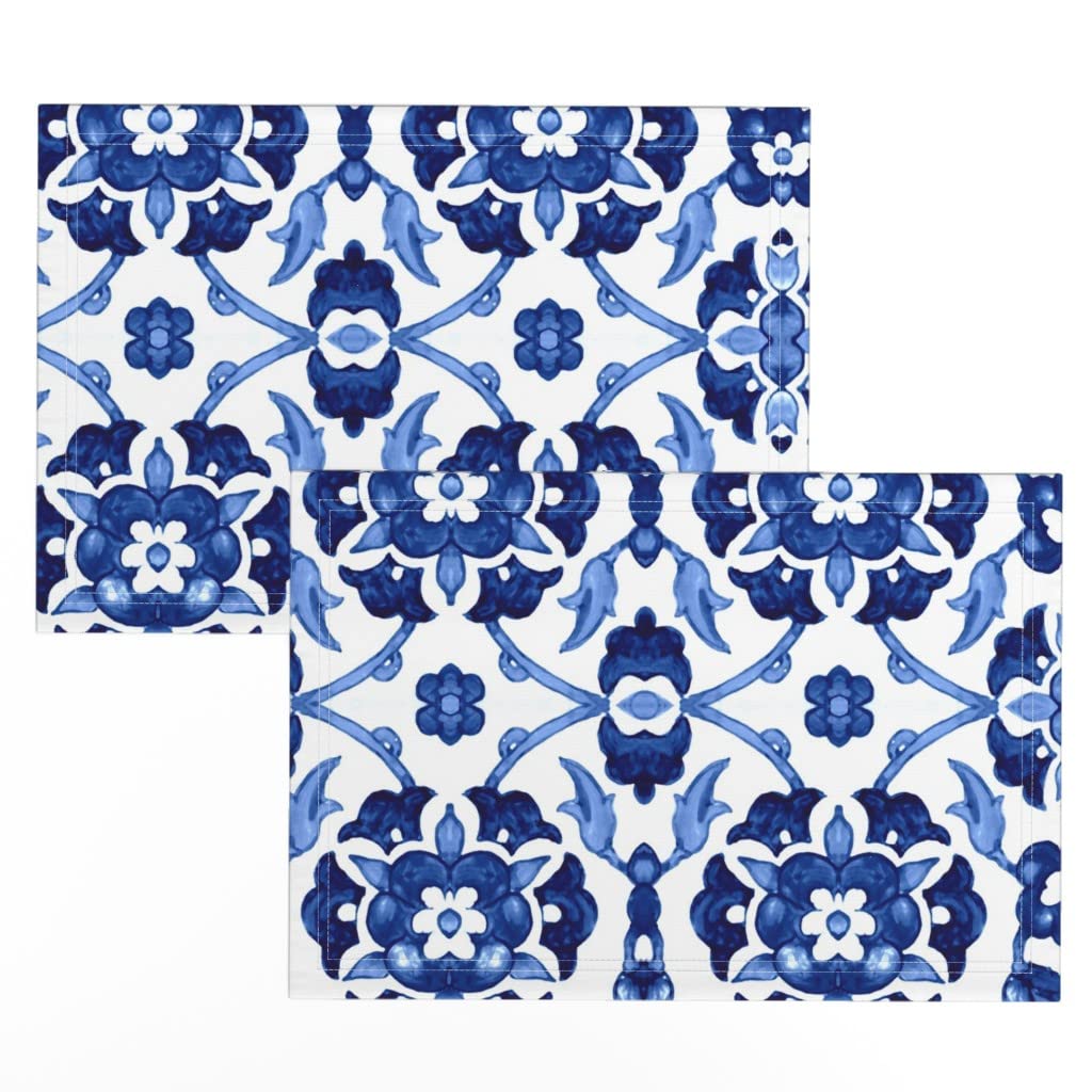 Premium Linen Cotton Canvas Placemats Set of 2 - Blue Indigo Floral Print with White Leaves Design, Traditional Style Table Mats for Dining Room Decor, Kitchen Table Setting & Holiday Dinner Parties