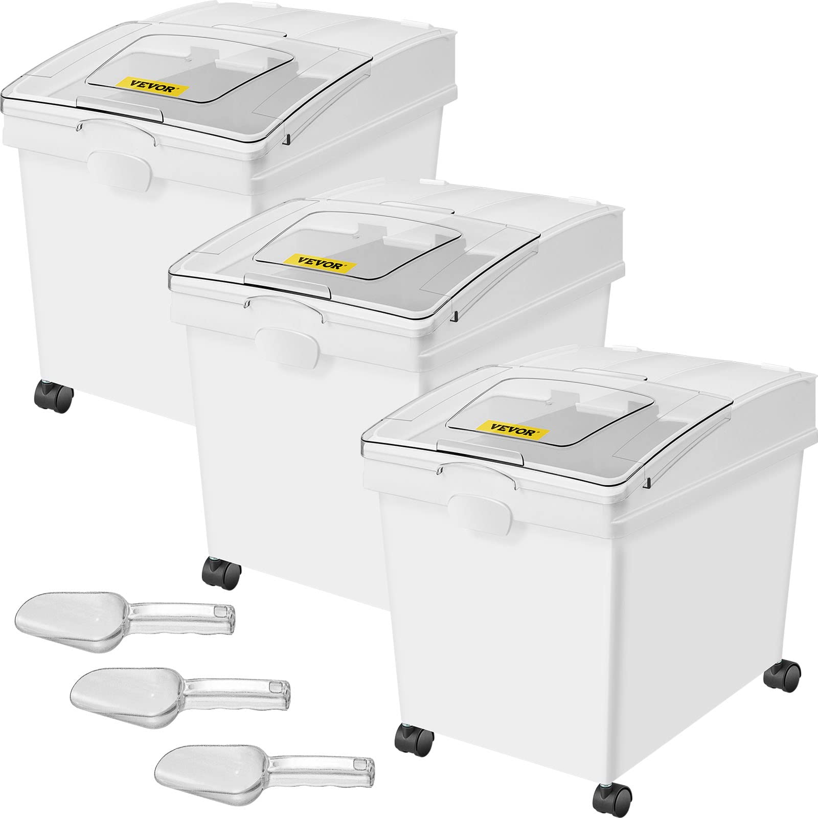 VEVOR 10.5 Gallon Commercial Ingredient Storage Bin Set - 3-Piece White PP Plastic Flour Bins with Wheels, Scoop & Sliding Lid - Ideal for Bakery, Restaurant, and Bulk Food Storage Organization