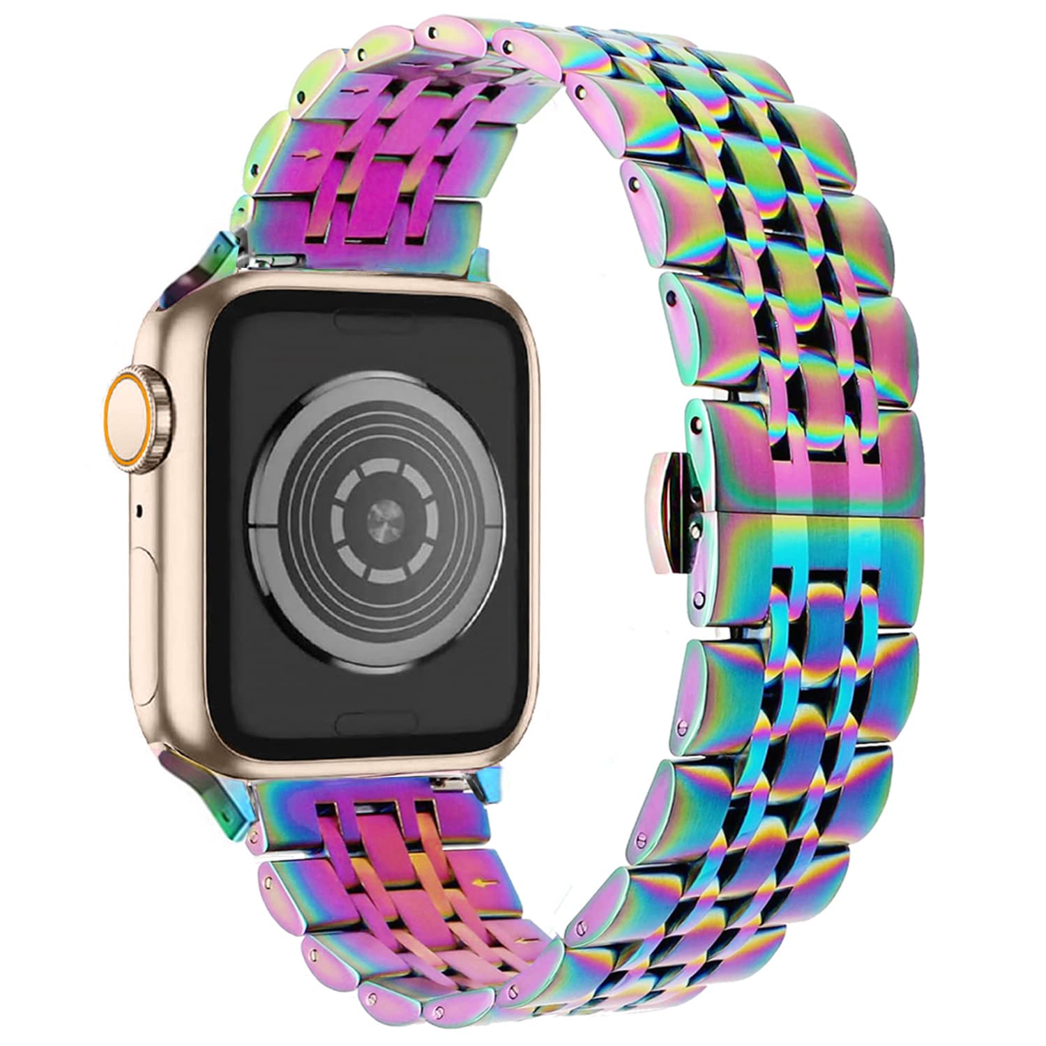Premium Stainless Steel Apple Watch Band - Compatible with iWatch 42mm 44mm 45mm 49mm, Replacement Strap for Apple Watch Series 9/8/7/6/5/4/3/SE/Ultra - Unisex Rainbow Metal Band for Workout, Office & Daily Wear