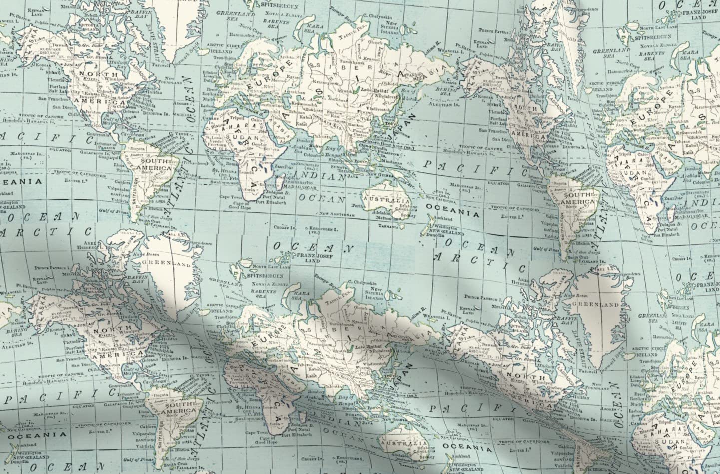 Vintage World Map Printed Minky Fabric - Blue & Cream Geography Countries Travel Design - Fat Quarter for Sewing Baby Blankets, Quilt Backing, Plush Projects - Perfect for Nursery Decor, DIY Crafts & Soft Home Textiles