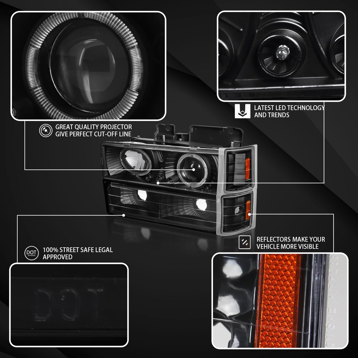 AUTOZENSATION LED Halo Black Projector Headlights Assembly for 1994-1998 Chevy C10 C/K 1500/2500/3500, Tahoe, Suburban - Left & Right Pair with Bumper Lights & Corner Lights | Durable Replacement for Improved Night Visibility & Off-Road Driving