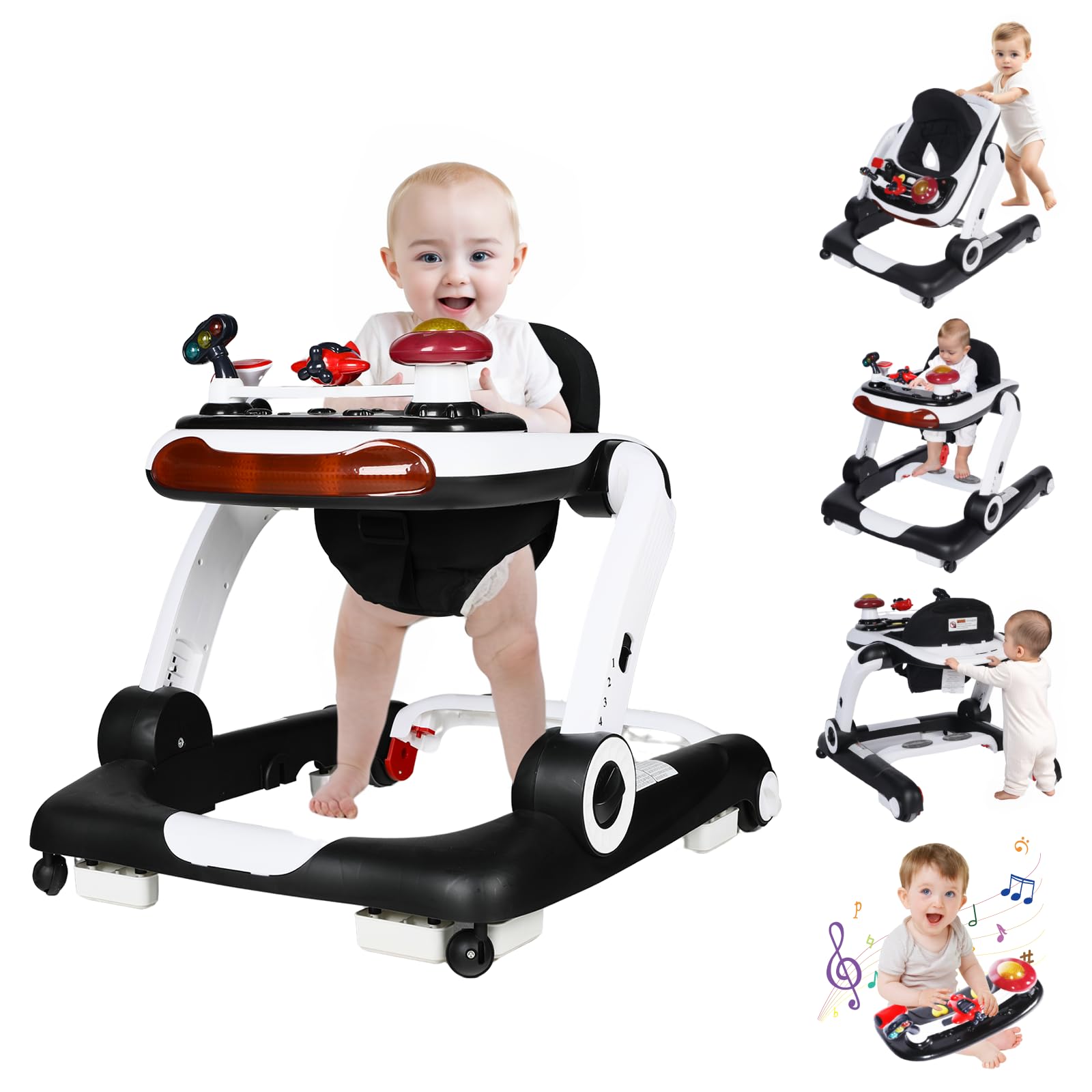 Kinder King 5-in-1 Baby Walker with Music & Lights - Adjustable Height & Seat, Learning-Seated & Walk-Behind Toddler Activity Walker with Safety Bumper & Anti-Rollover Design (Black) - Perfect for Early Learning, Playtime & First Steps
