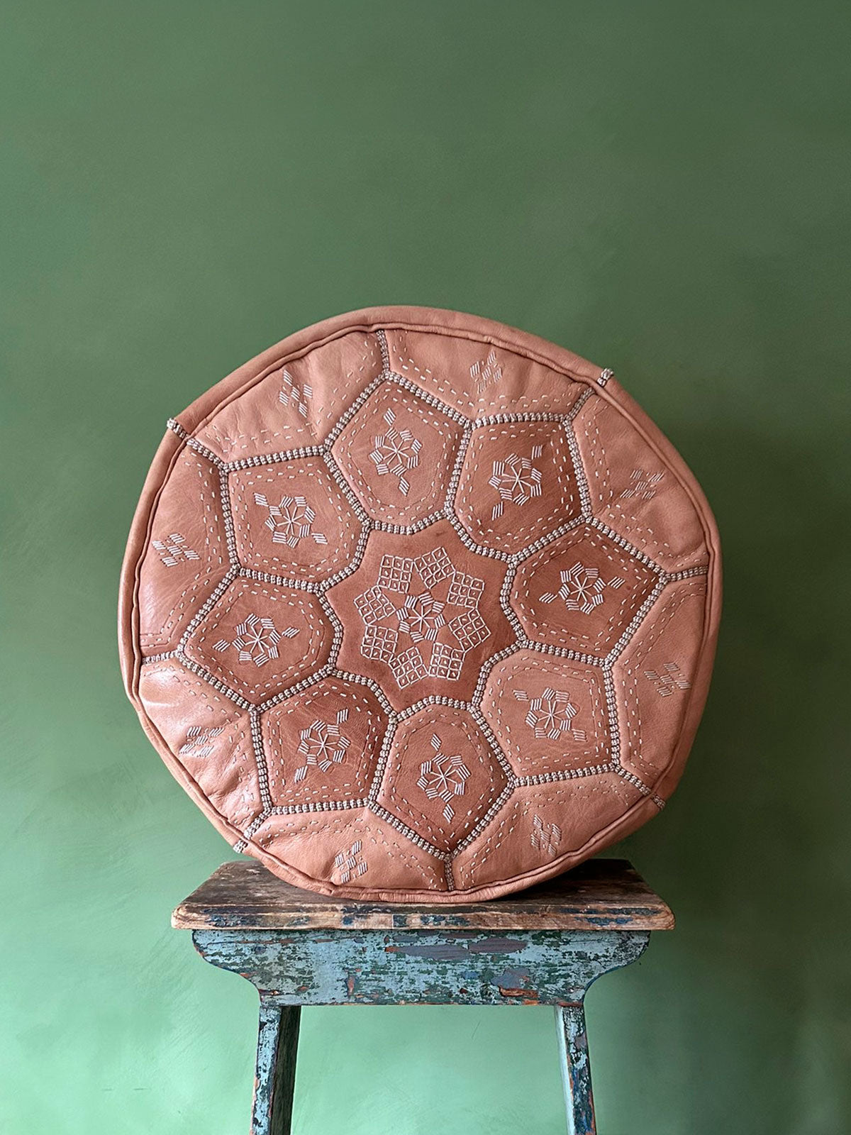 Handmade Moroccan Leather Tile Pouffe - Natural Brown Leather Ottoman Footstool for Living Room, Bedroom & Boho Decor