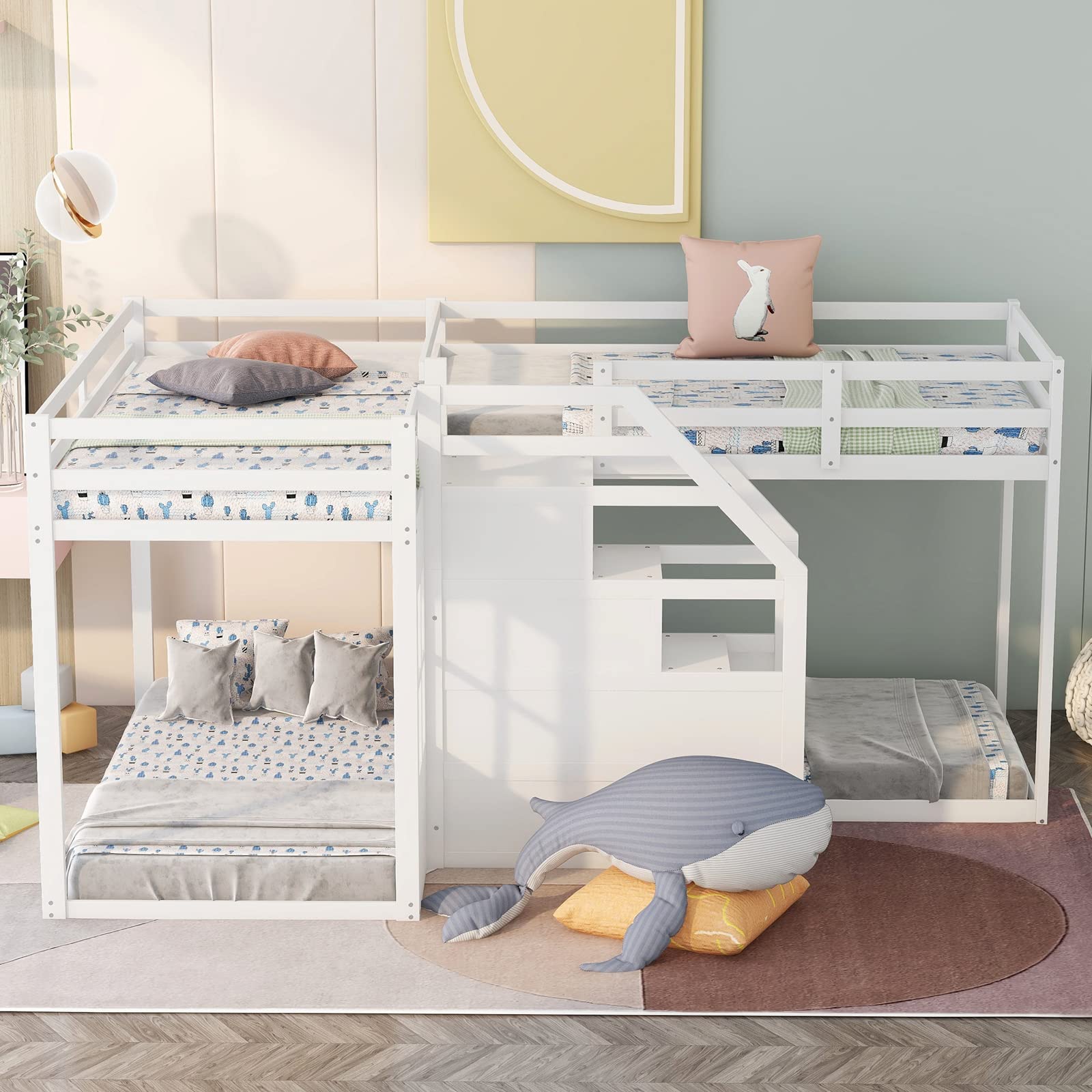 L-Shaped Twin Over Twin Bunk Beds with Built-in Staircase - Solid Wood Triple Bunk Bed for Kids & Teens - Space-Saving Bedroom Furniture for Small Rooms, Dorms & Shared Spaces