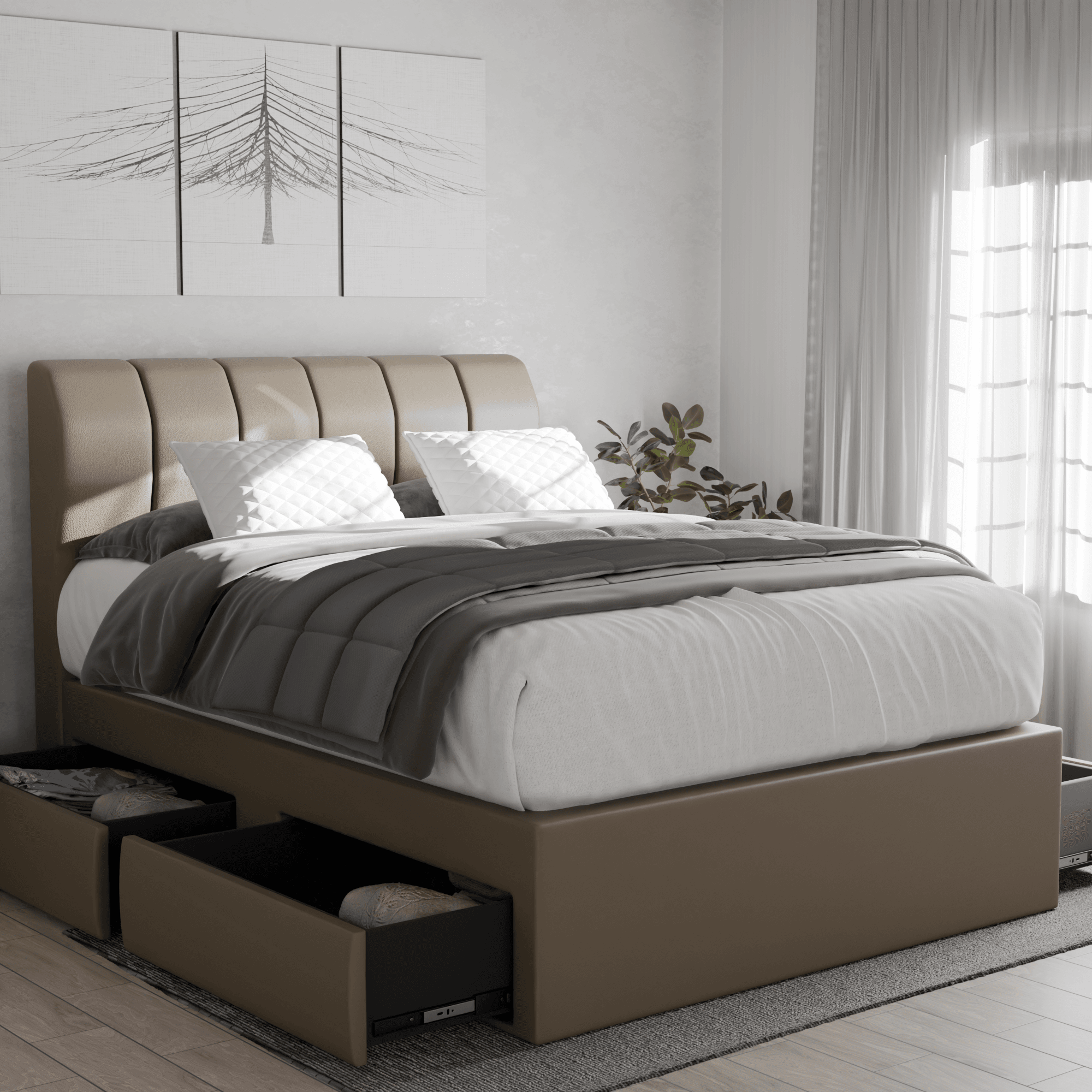 Kazura Queen/King Size Faux Leather Upholstered Storage Bed Frame with Drawers - Modern Platform Bed for Bedroom, Guest Room & Small Spaces