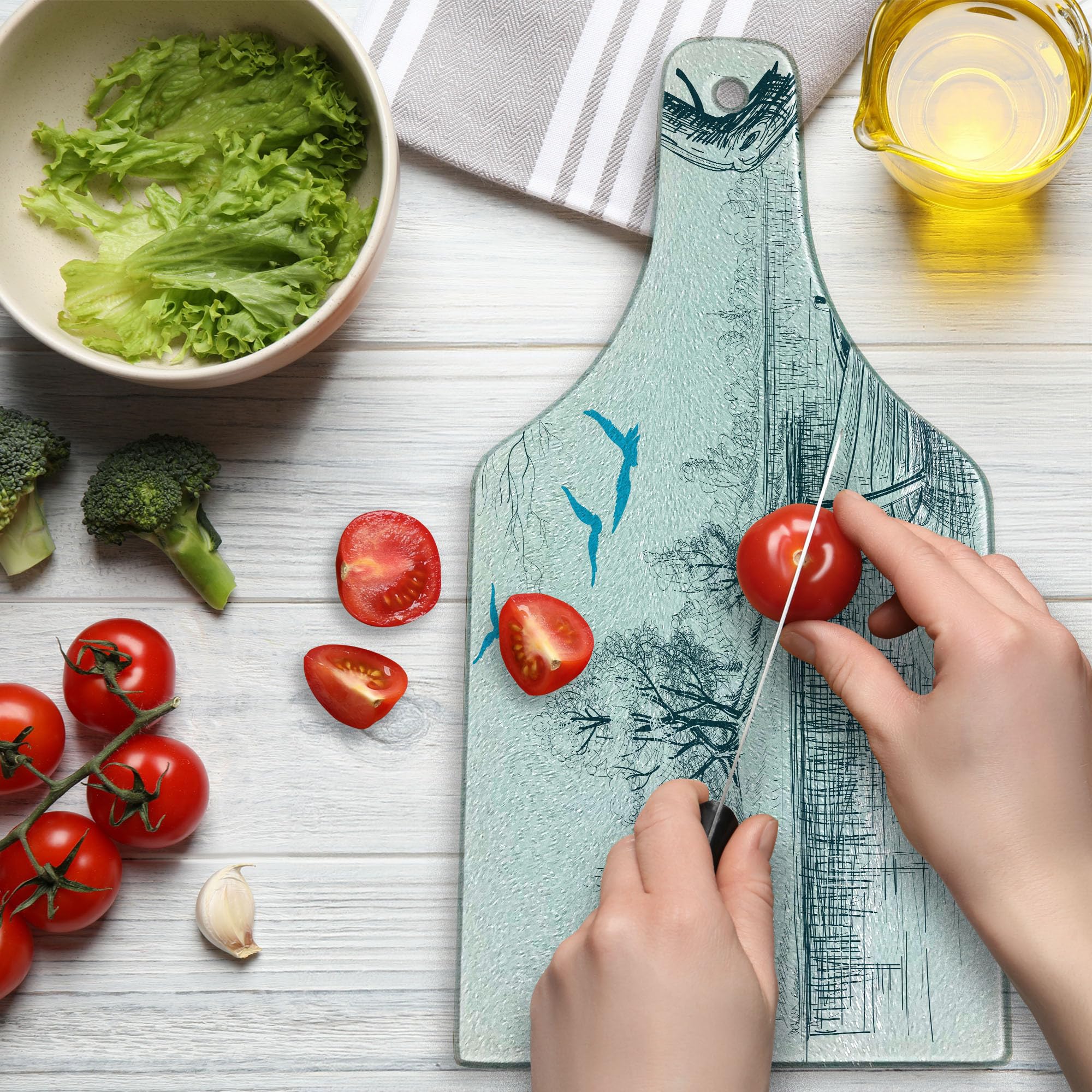 Ambesonne Boat on River Sketch Cutting Board - Tempered Glass Serving Board for Kitchen, Charcuterie & Wine - Minimalist Decorative Design with Trees, Birds & Twigs - White, Gray & Blue - Perfect for Entertaining, Gifts & Home Decor