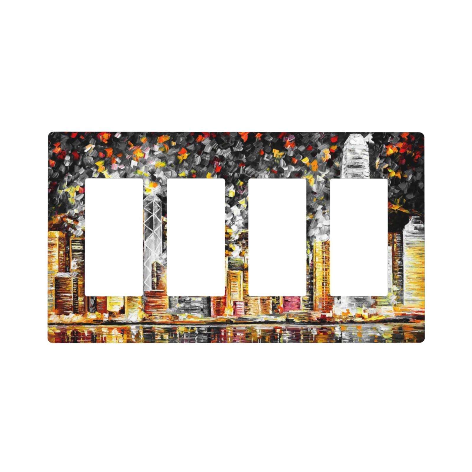 Modern Abstract City Oil Painting Screwless Quad Rocker Light Switch Cover - 4 Gang Wall Plate (4.6 x 8.3 Inch) - Decorative Black Switch Plate for Bedroom, Kitchen & Living Room - Perfect for Home Decor & Interior Design