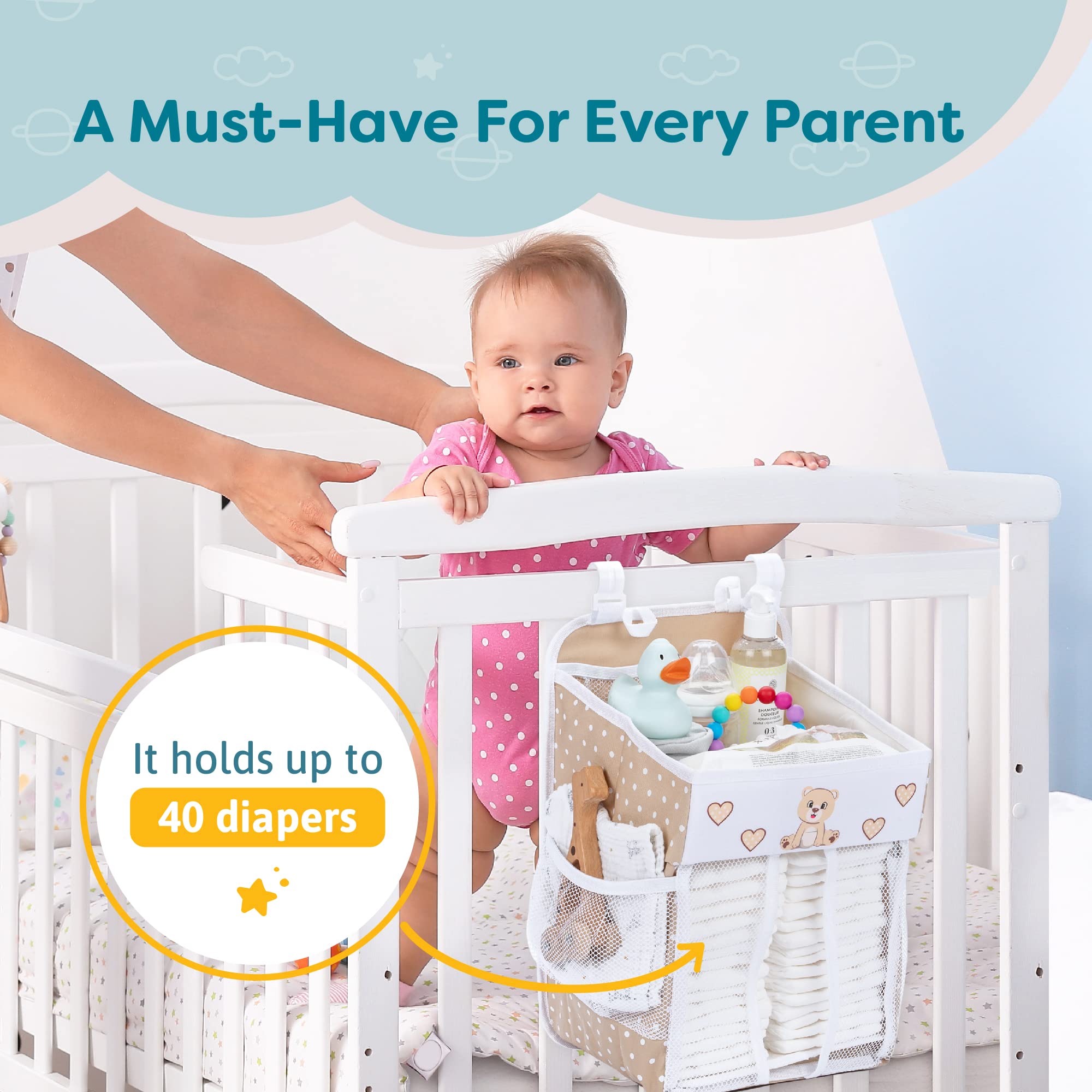 Hanging Diaper Caddy Organizer - Baby Shower Gift for New Parents | Holds 50+ Diapers & Nursery Essentials | Teddy Bear Design (17x9x9 Inches) | Perfect for Changing Tables, Nursery Organization & Baby Care