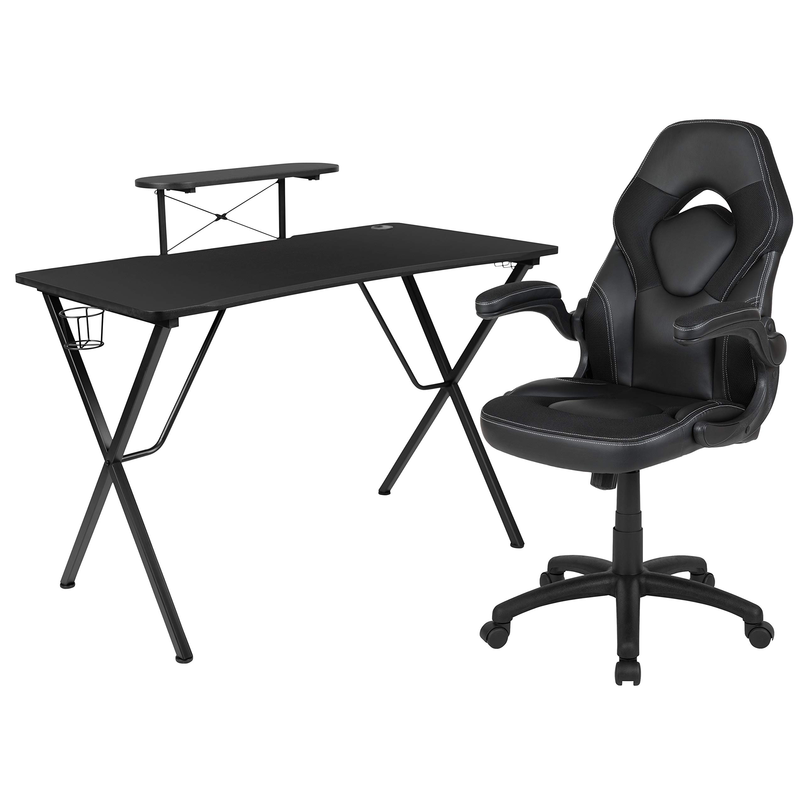 Premium Black Gaming Desk & Chair Set with Cup Holder, Headphone Hook & Monitor Stand - Ergonomic PC Gaming Setup for Home Office & Streaming Stations