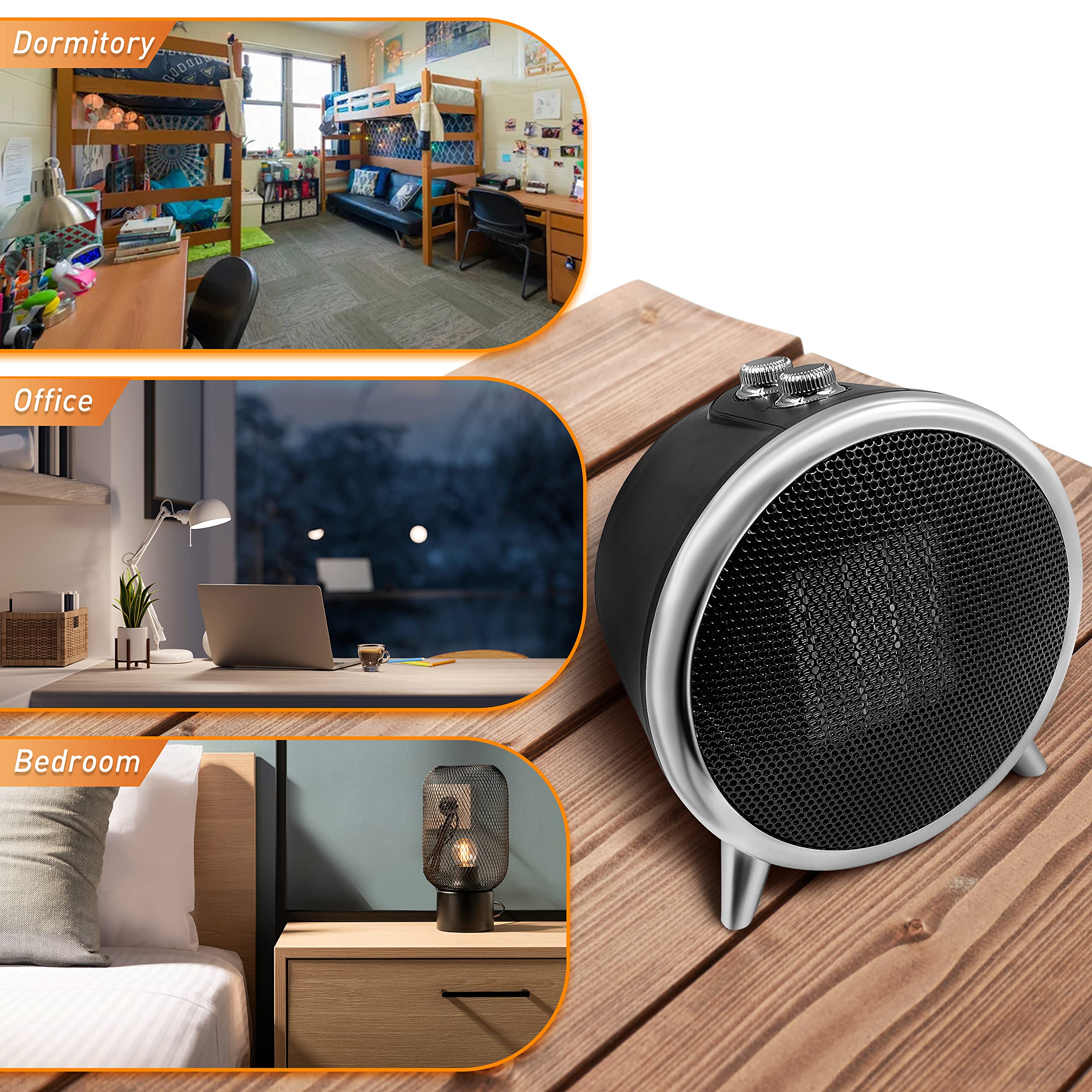 1500W Portable Electric Space Heater with Thermostat - Fast Heating Indoor Heater for Bedroom, Office & Desktop Use - Overheat Protection & Safety Tip-Over Switch - Black
