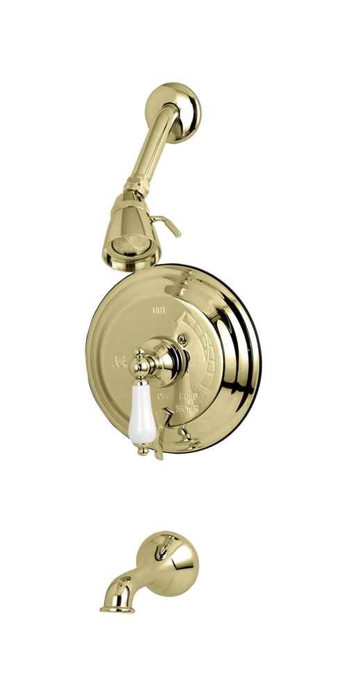Kingston Brass KB36320PL Polished Brass Tub and Shower Faucet with Porcelain Lever Handle - Vintage Style Bathroom Fixture for Restoration Projects & Modern Homes