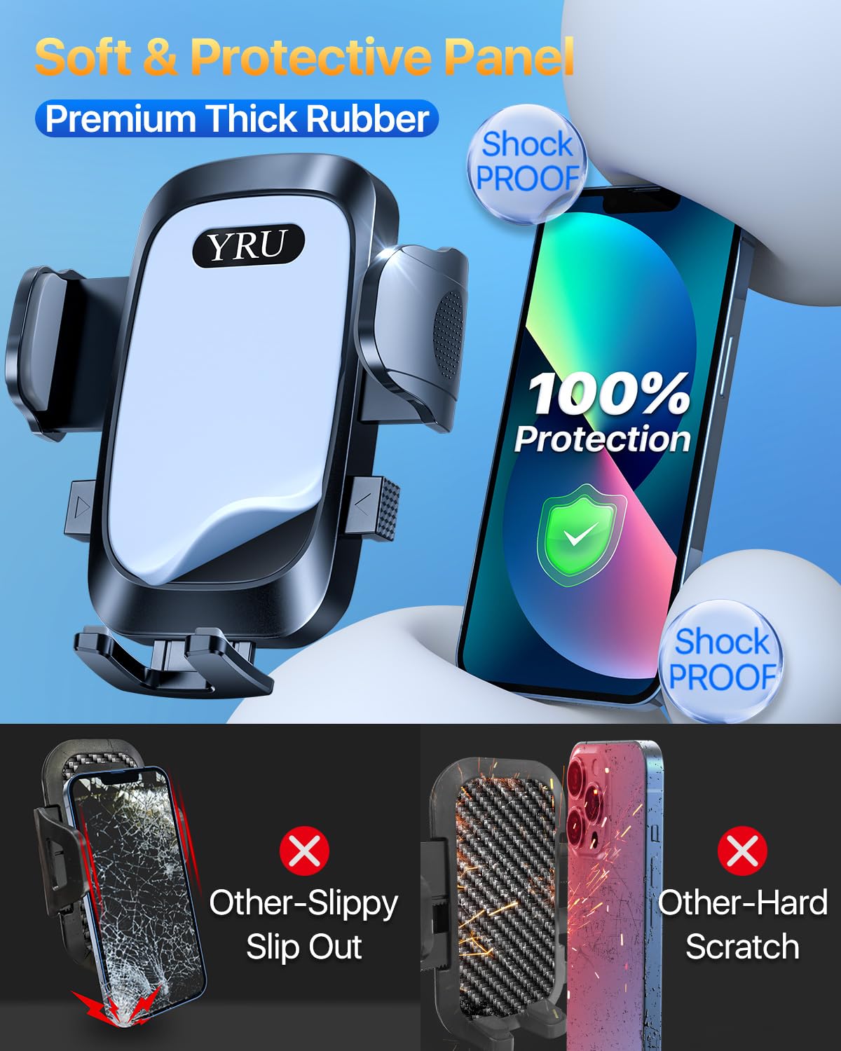 2025 YRU Ultimate Rotatable Car Phone Holder Mount - Military-Grade Suction (90+ LBS), Dashboard/Windshield/Vent Compatible, Universal for All Phones (Grey) - Perfect for Road Trips, Commuting & GPS Navigation