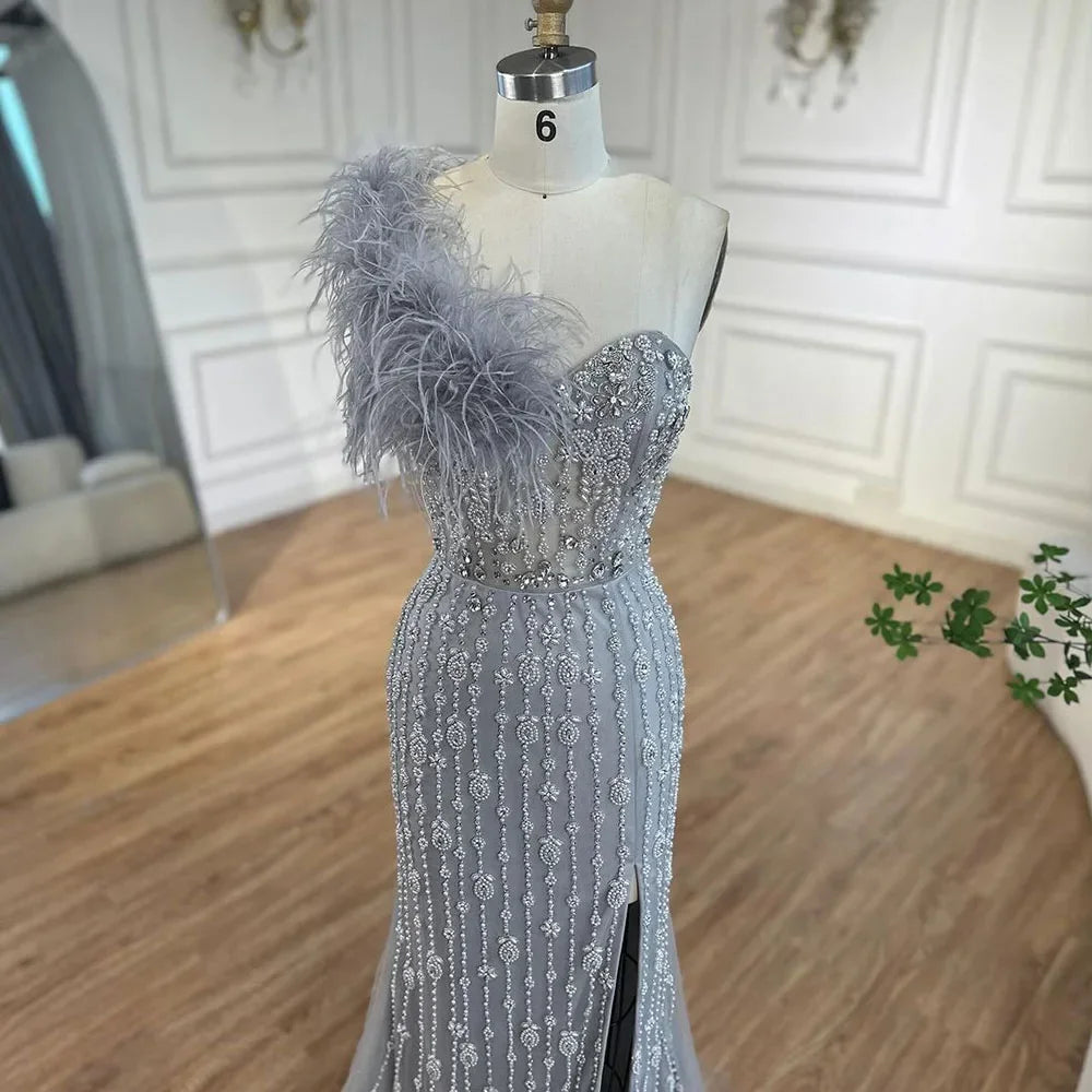 Elegant Gray Mermaid One Shoulder Beaded Feather Evening Gown for Women - High Slit Luxury Party Dress for Prom, Gala & Special Occasions - Serene Hill Collection LA72347