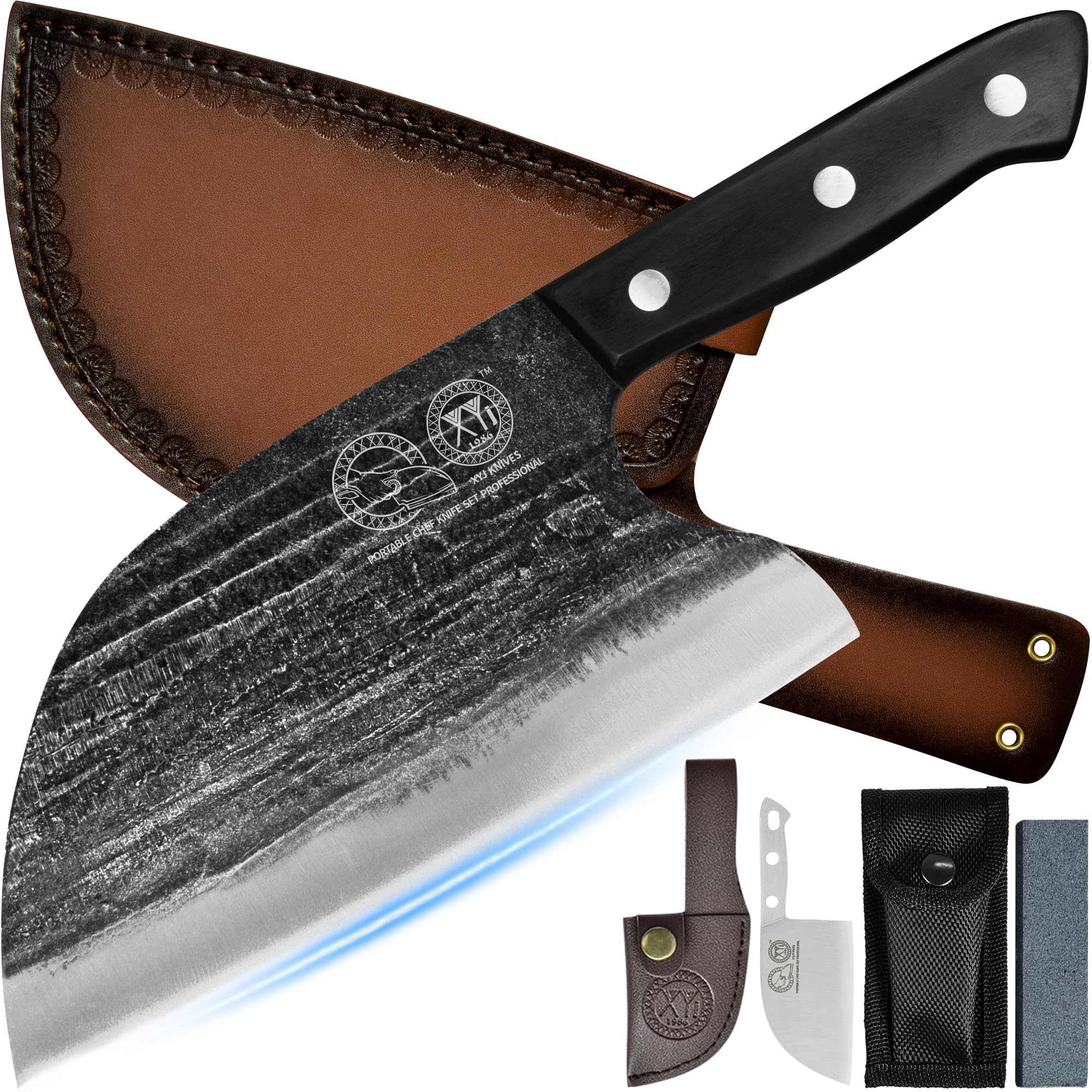 Premium 8-inch Serbian Chef Knife - Full Tang Meat Cleaver & Butcher Knife Set with Leather Sheath - Professional Kitchen Knives for Cooking, Camping & Outdoor Adventures
