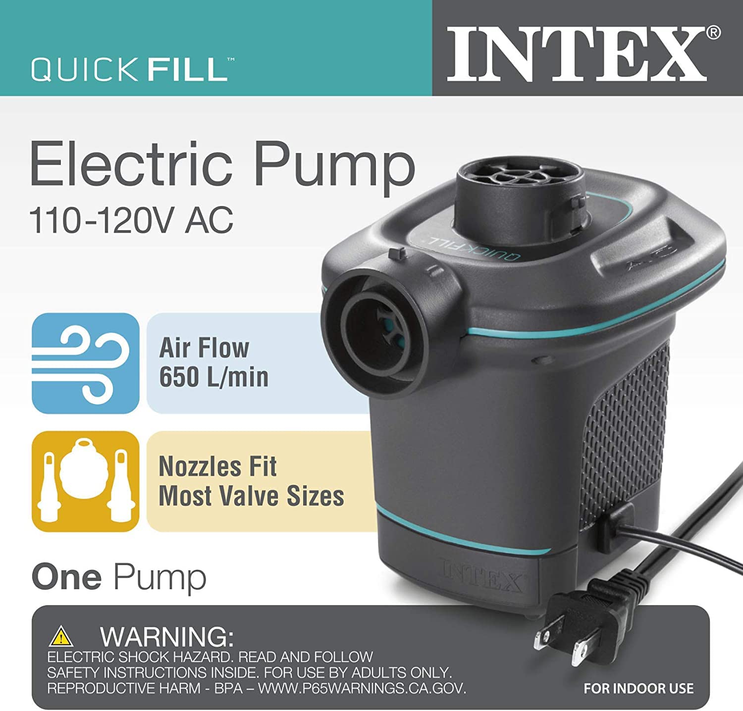 Intex Quick-Fill AC Electric Air Pump 110-120V with 650 L/min Max Air Flow - Fast Inflation for Air Mattresses, Pool Floats, Inflatables & Water Toys | Perfect for Camping, Travel & Home Use