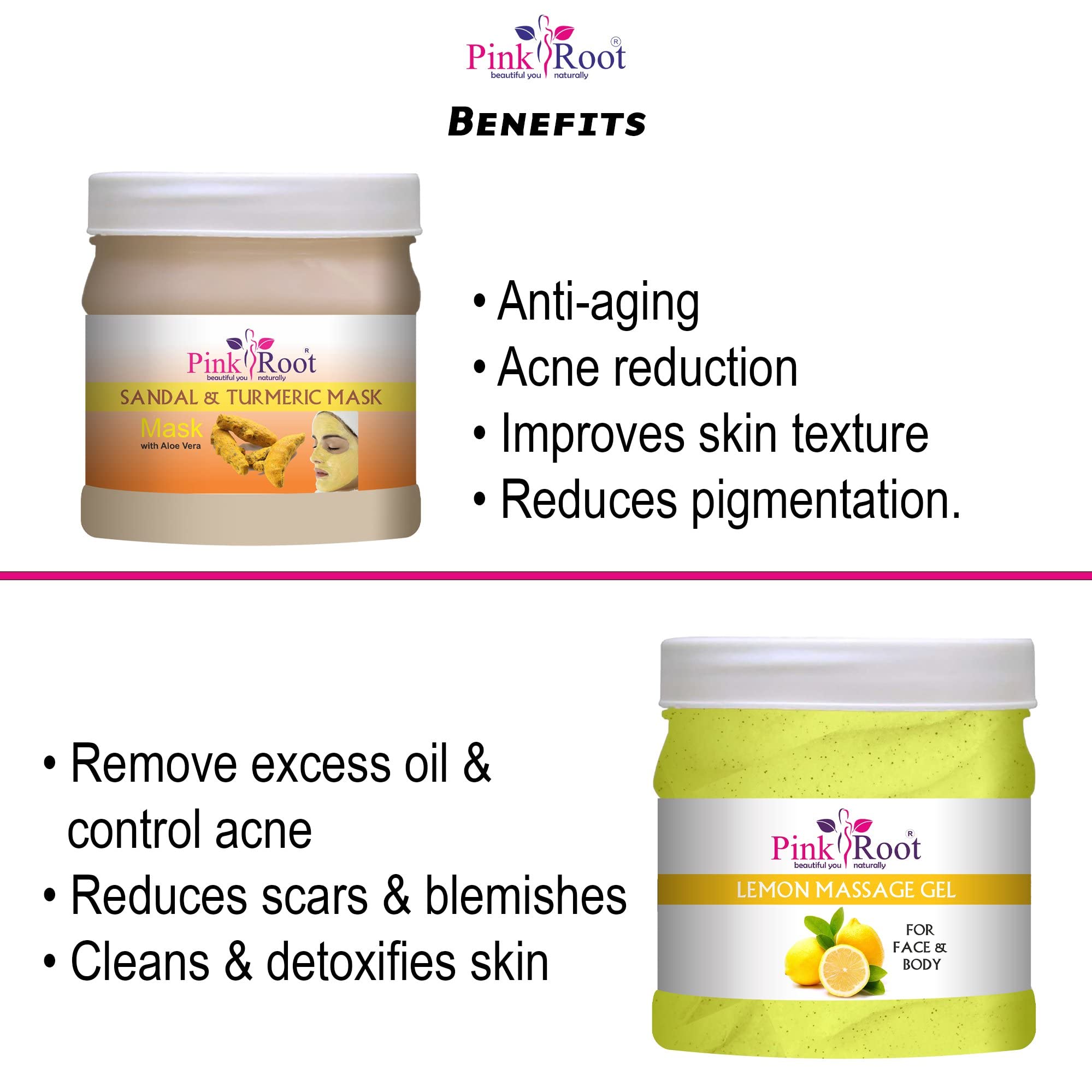 **Pink Root Lemon Massage Gel & Sandal Turmeric Mask Set - 500ml Each for Relaxation & Skin Brightening - Perfect for Spa, Home Massage & Skincare Routine**