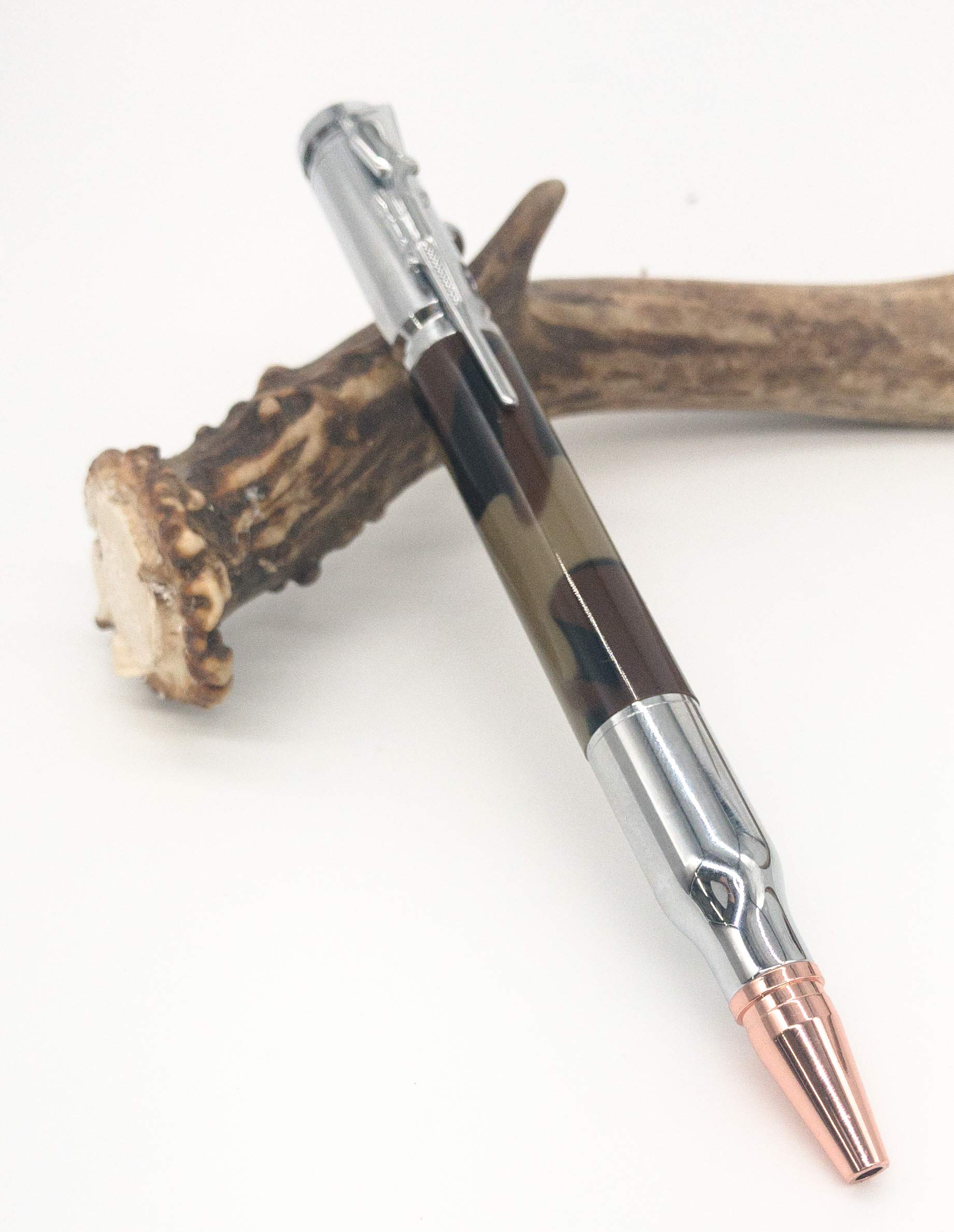 PKM - Chrome 30 Caliber Bolt Action Pen with Camouflage Acrylic Body - Tactical Writing Instrument - Choice of Plating (Chrome with Camo) - Perfect for Hunting, Outdoor Adventures & Military Enthusiasts