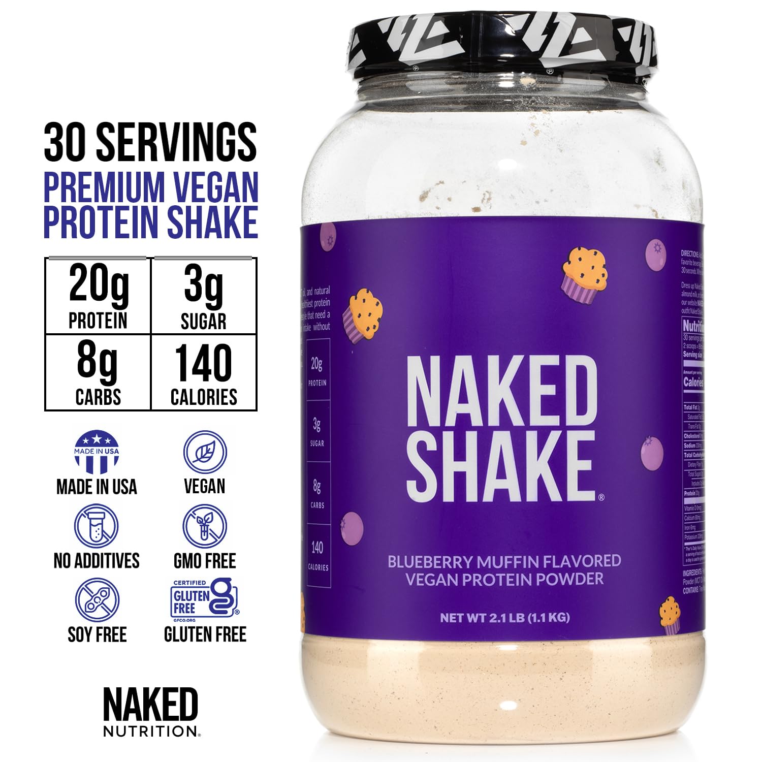 Blueberry Muffin Protein Powder - Plant-Based Vegan Protein Shake with MCT Oil from US & Canadian Farms | Gluten-Free, Soy-Free, Non-GMO, No Artificial Sweeteners | 30 Servings for Post-Workout Recovery & Healthy Breakfast Smoothies