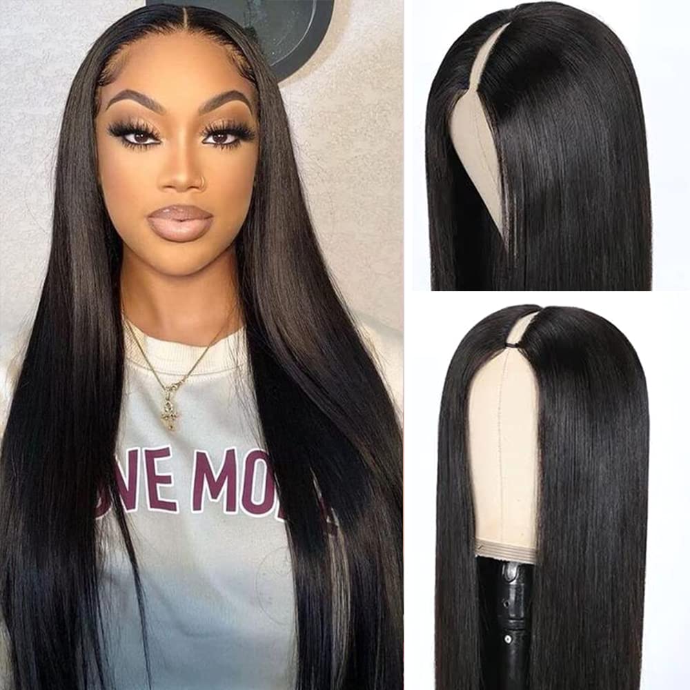 Glueless V Part Wig - 180% Density 30 Inch Brazilian Virgin Human Hair - Straight Clip In Half Wig for Black Women - No Leave Out Full Head U Part Wig - Perfect for Daily Wear, Special Occasions & Protective Styling