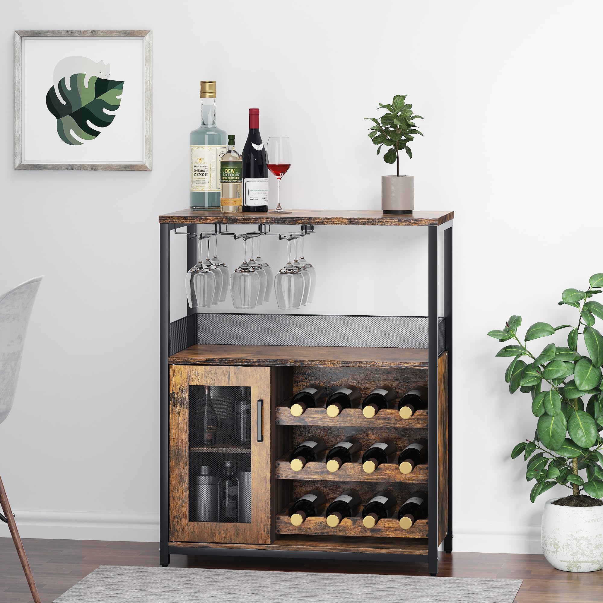 Rustic Brown Wine Bar Cabinet with Detachable Wine Rack - Industrial Coffee Bar Sideboard with Storage | Farmhouse Buffet Cabinet for Kitchen, Dining & Living Room | Perfect for Home Bars, Entertaining & Wine Storage