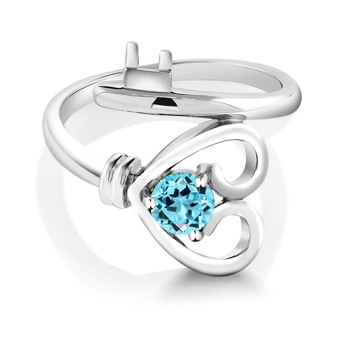 925 Sterling Silver Swiss Blue Topaz Heart Key Ring for Women - 0.50 Cttw, Birthstone Jewelry, Size 5-9 | Elegant Gift for Valentine's Day, Anniversary & Mother's Day