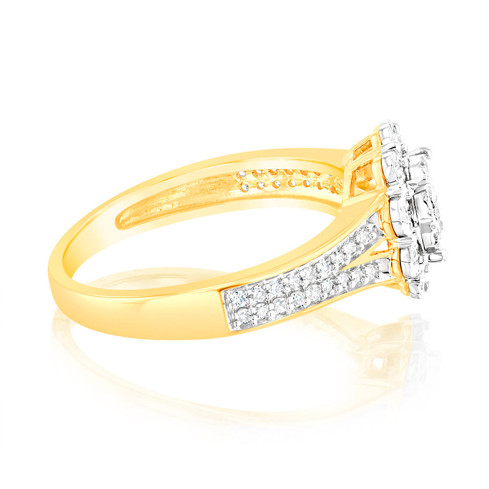 1/3 Carat Diamond Halo Engagement Ring with Split Shank in 9K Yellow Gold - Perfect for Proposals, Anniversaries & Special Occasions