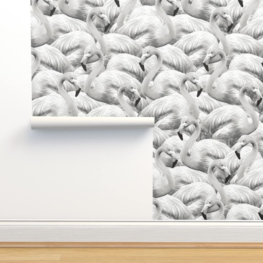 Premium Commercial Grade Flamingo Wallpaper - 27ft x 2ft Black & White Flamingo Bird Design Traditional Peel & Stick Wallpaper for Living Room, Bedroom, Nursery Decor by Spoonflower
