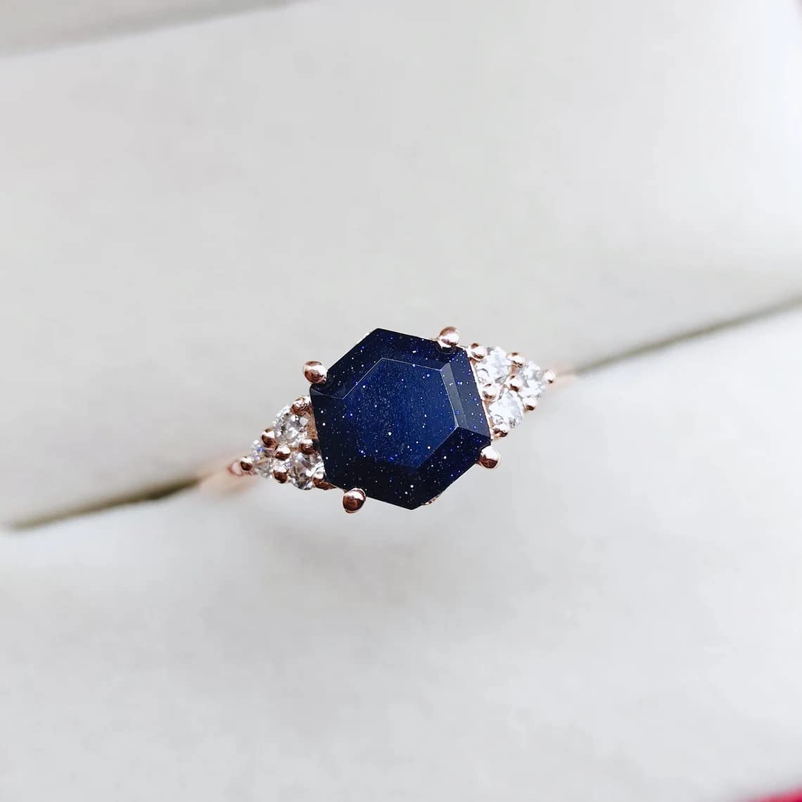 Hexagon Cut Sandstone Ring - 925 Sterling Silver Vintage Cluster Ring for Women, Unique Handmade Jewelry Gift (Blue, Rose Gold, White) | Perfect for Weddings, Anniversaries & Boho Fashion