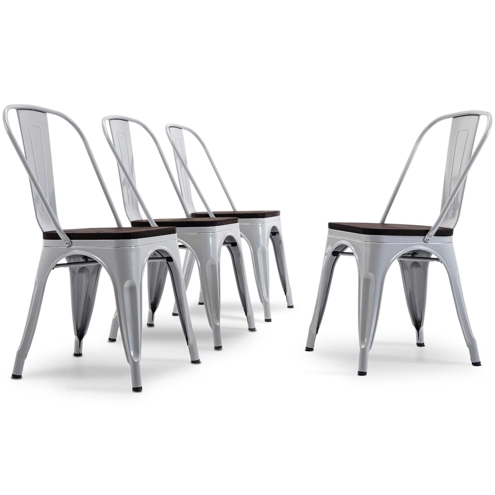 BELLEZE 4-Piece Metal Dining Chair Set - Stackable Vintage Farmhouse Chairs with Detachable Backrest & Wood Seat - Weather Resistant Tolix Style for Indoor/Outdoor Use - Alexander (Silver) - Perfect for Patio, Kitchen, Restaurant & Cafe Dining