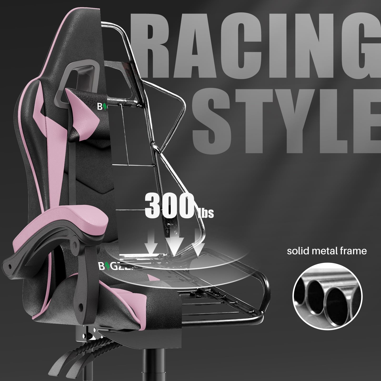 Bigzzia Ergonomic Gaming Chair for Adults - Adjustable Height, Reclining, 360° Swivel Racing Style Office Chair with Headrest & Lumbar Support - Black/Pink - Perfect for PC Gaming, Streaming & Home Office Work