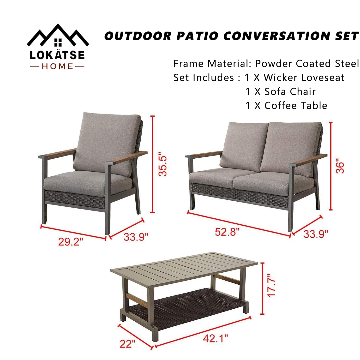 LOKATSE HOME 3-Piece Patio Outdoor Furniture Set - All-Weather Wicker Loveseat & Sofa Chair with Removable Cushions & Coffee Table - Brown - Perfect for Garden, Backyard, Poolside & Balcony Relaxation