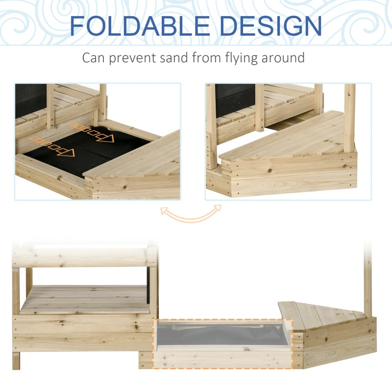 Kids Wooden Sandbox with Canopy Shade & Blackboard - Foldable Outdoor Play Station for Children, Includes Flag & Bottom Liner - Perfect for Backyard, Garden & Beach Playtime