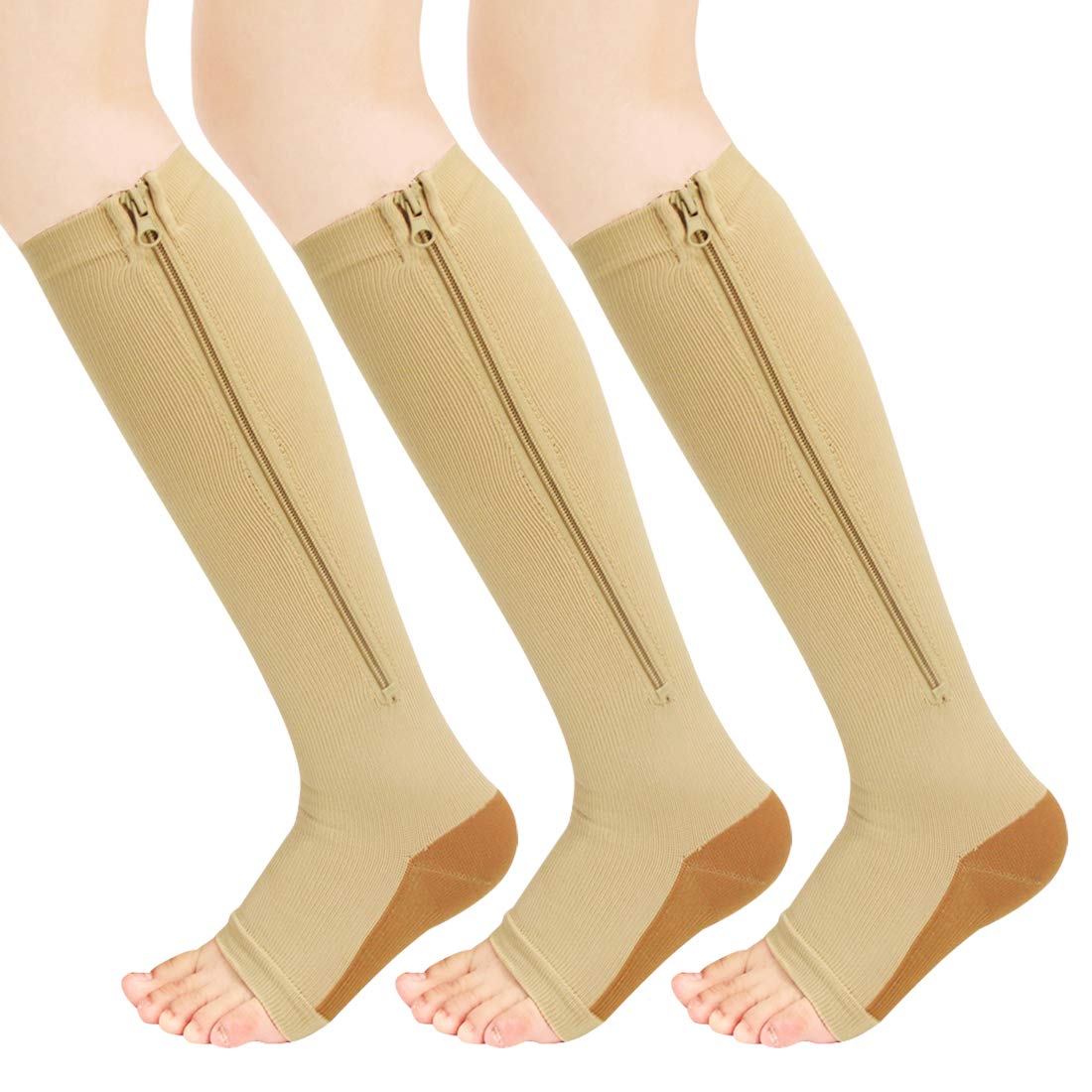 YUSHOW 3 Pairs Open Toe Compression Socks for Women - Breathable Zipper Support Stockings, Knee High Toeless Socks for Running, Travel & Varicose Vein Relief