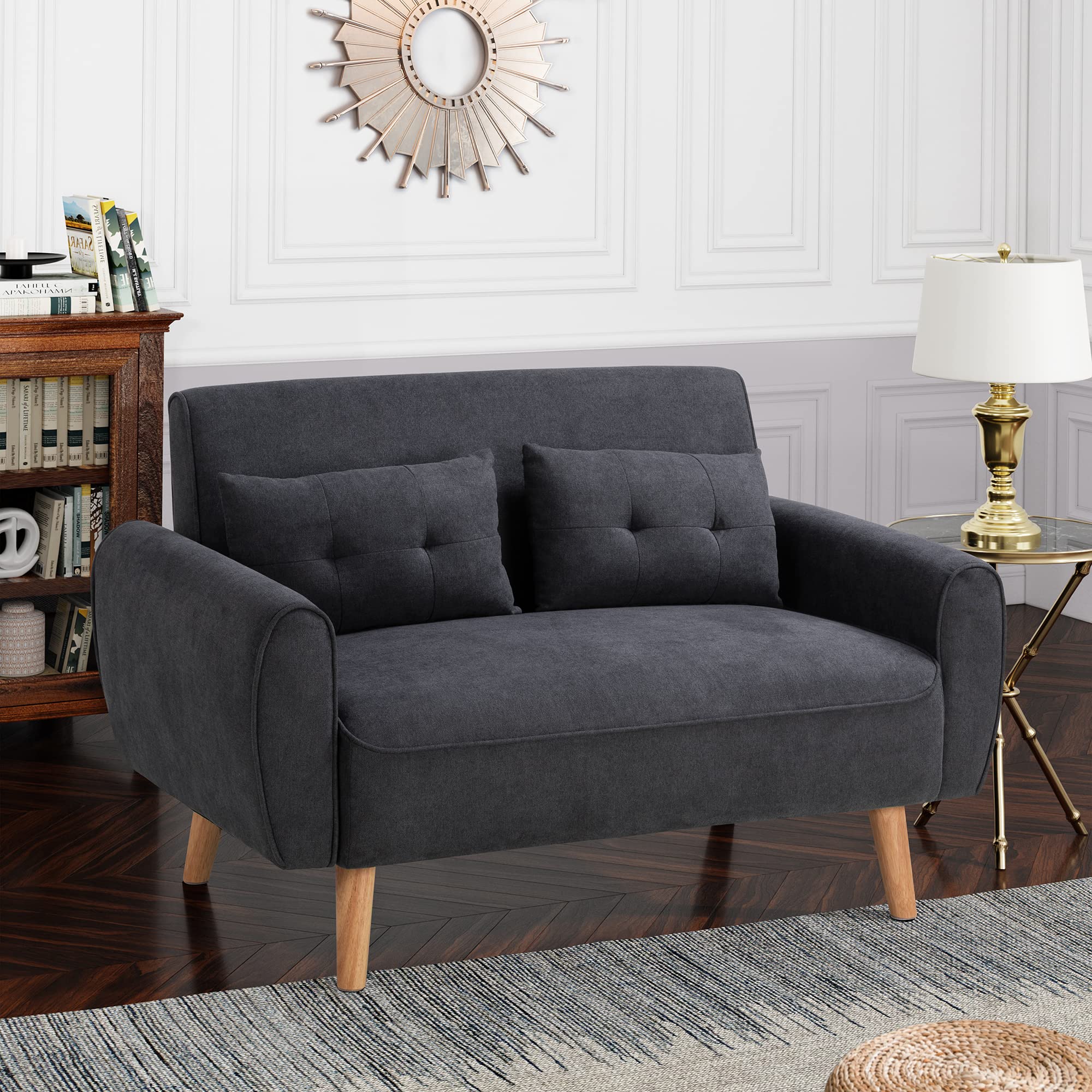 Shintenchi Modern Loveseat Sofa - Mid Century Fabric Upholstered 2-Seat Couch for Small Spaces, Living Room, Apartment or Studio - Includes 2 Decorative Pillows (Black) - Perfect for Compact Homes, Cozy Reading Nooks and Entertaining Guests