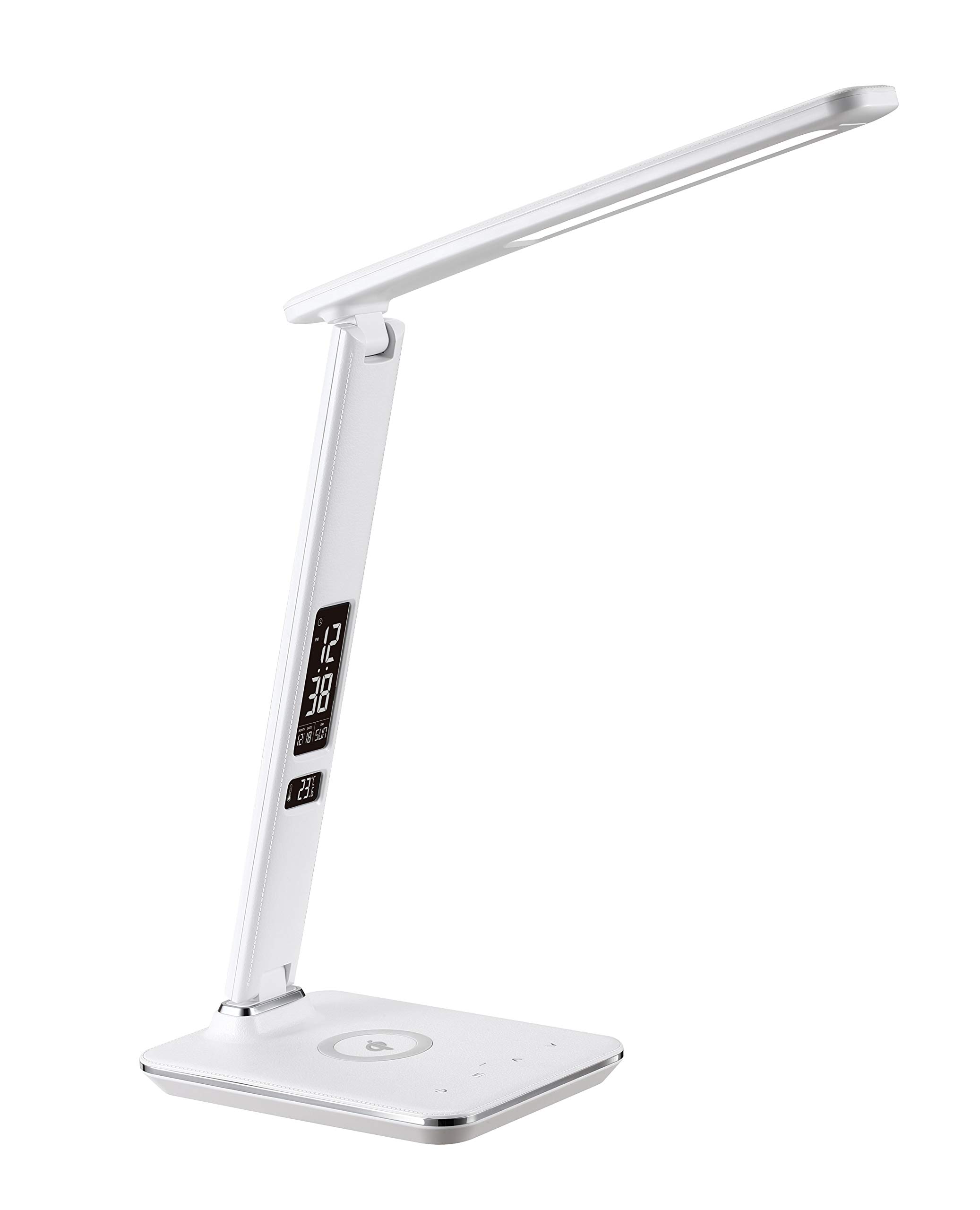 SHOPPINGALL LED Desk Lamp with Qi Wireless Charger & USB Port - 3 Color Modes, 5 Brightness Levels, Night Light & Alarm Clock - 8W Energy Saving (White) - Perfect for Home Office, Study Room & Bedside Reading