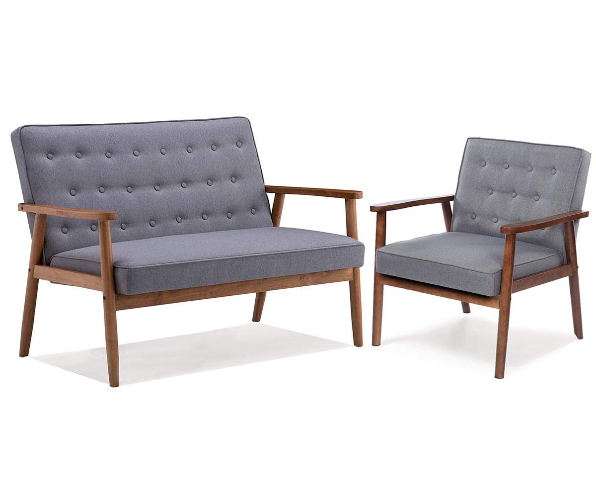 Mid-Century Modern Wooden Loveseat Sofa - Retro Fabric Upholstered 2-Seat Couch with Tapered Wood Legs, Compact Vintage Sofa for Living Room, Bedroom, Lounge or Outdoor Patio - Perfect for Small Spaces and Cozy Home Decor