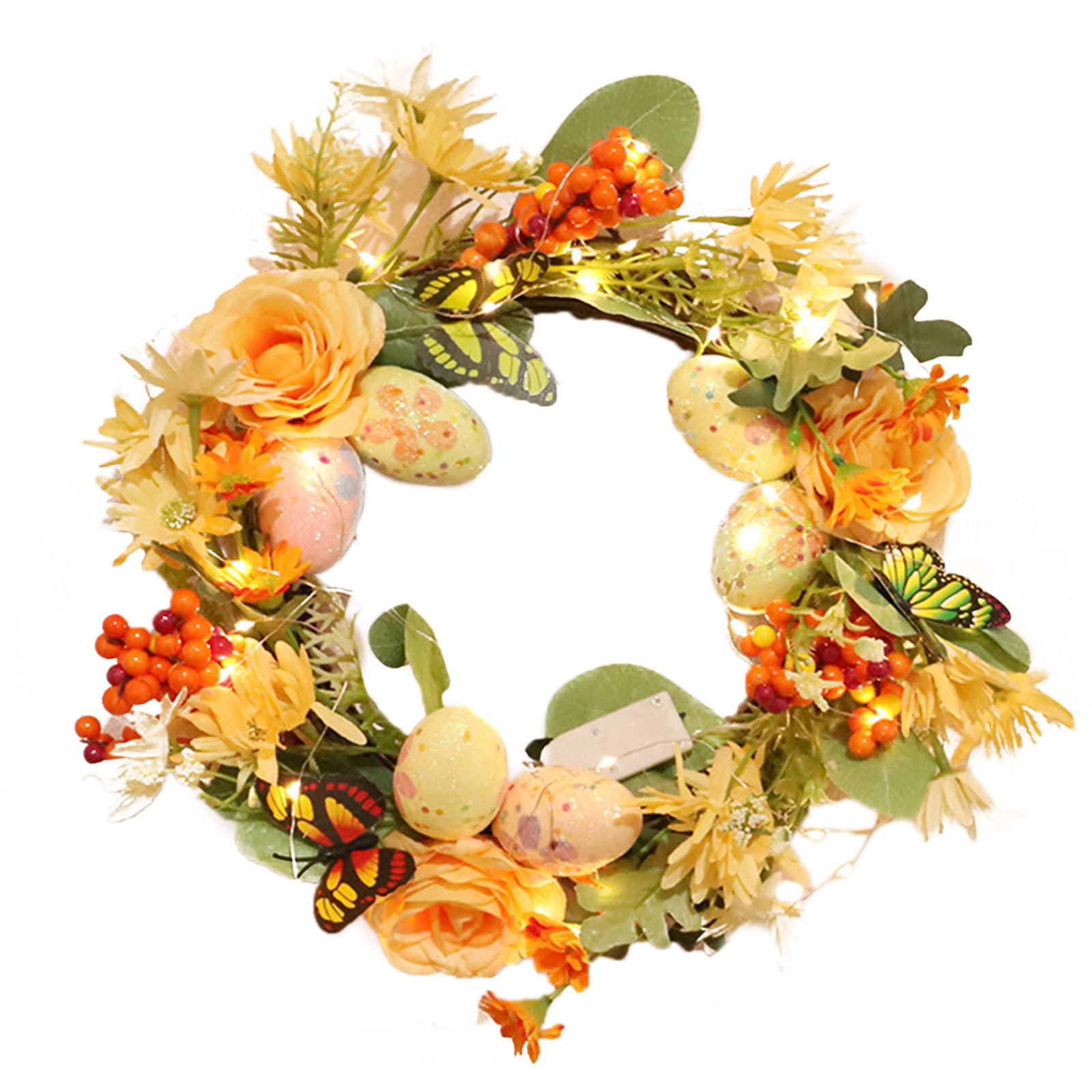 12in Easter Wreath with Pastel Eggs - Realistic Spring Summer Wall Hanging Floral Wreath with Green Leaves & Berries - Easter Door Decor with LED Lights - Perfect for Front Door, Wall, Mantel & Spring Festival Decorations
