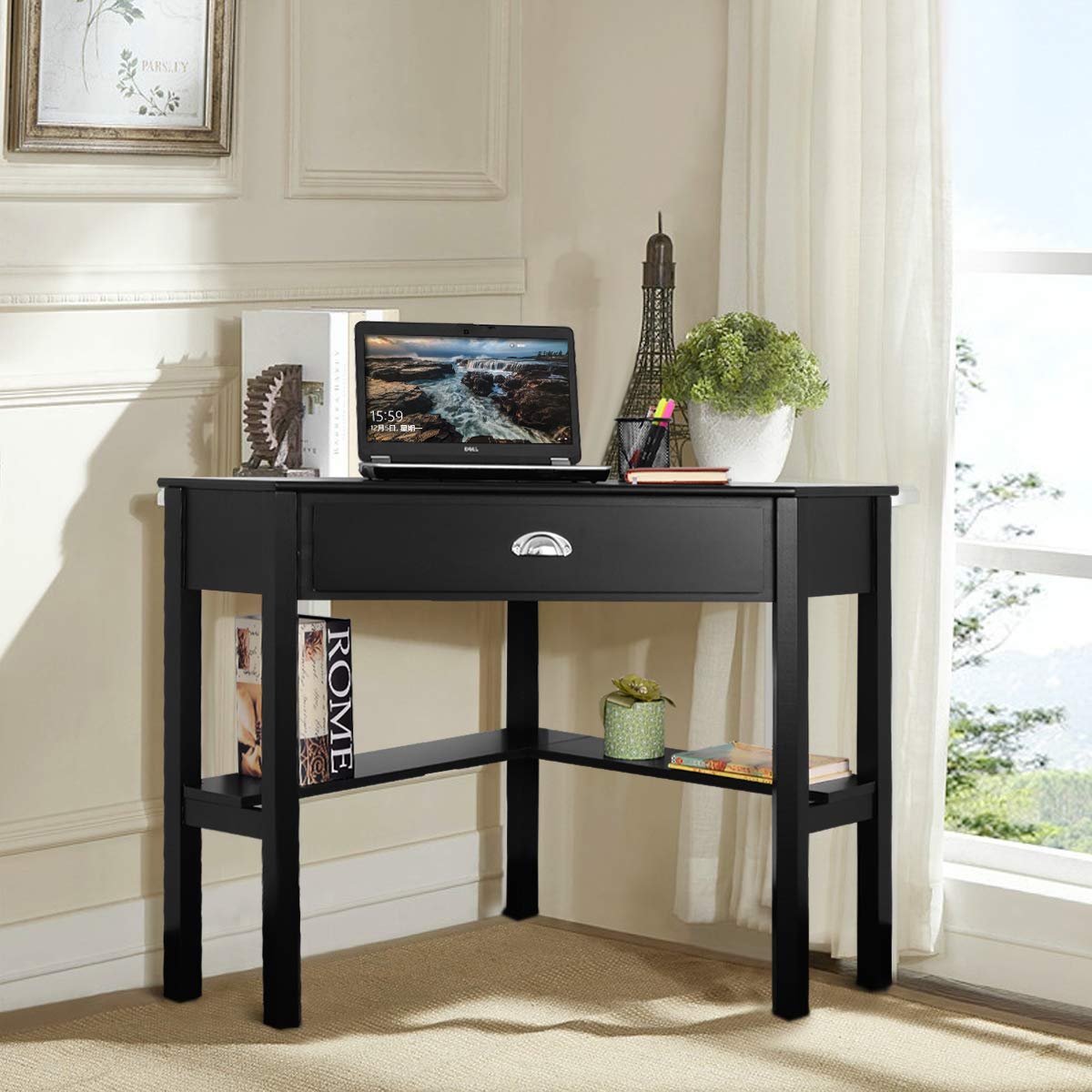 RELAX4LIFE Corner Computer Desk with Drawer & Shelves - Sturdy L-Shaped Workstation for Home Office, Study, Gaming & Small Spaces - Compact PC Writing Table for Laptop & Desktop (Black)