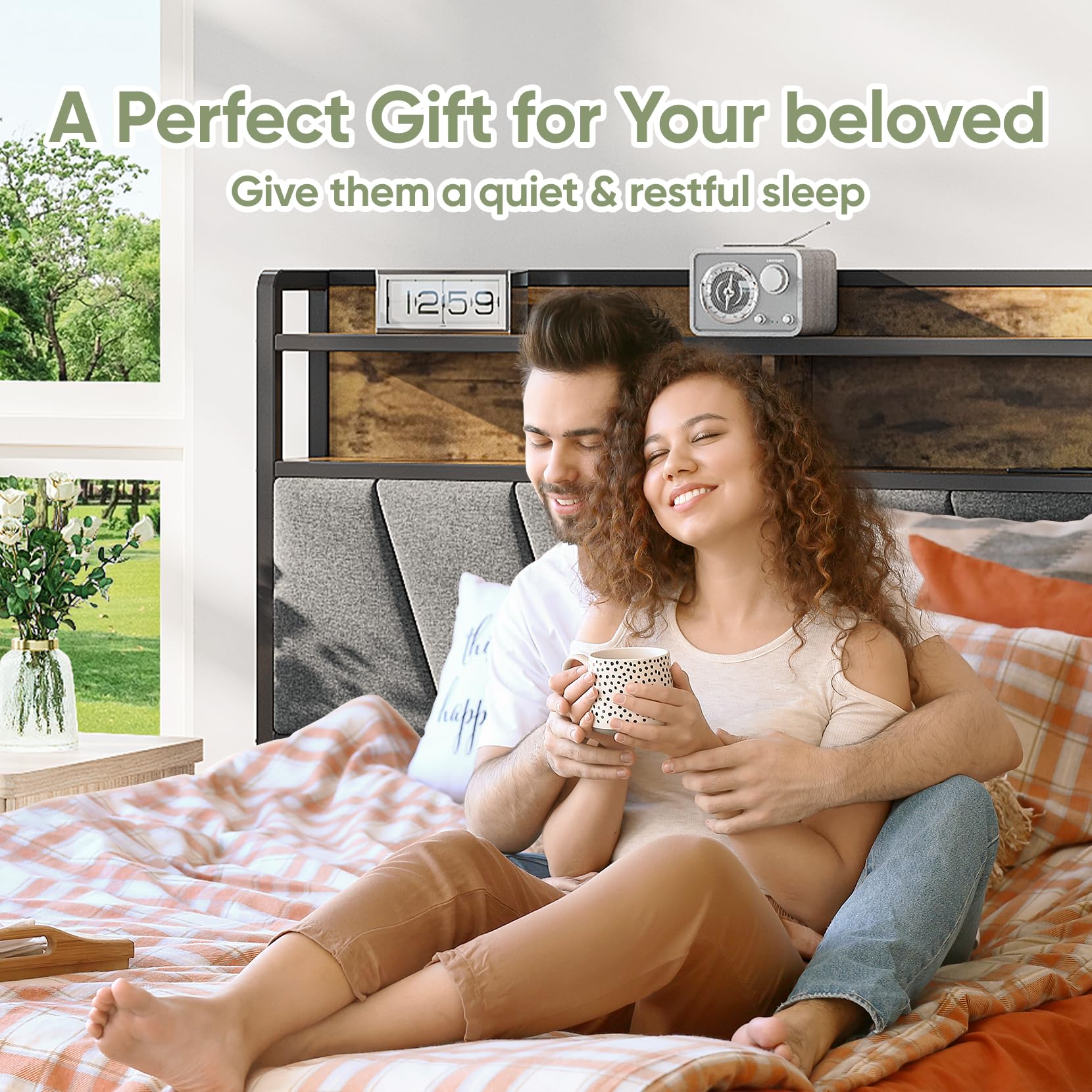 Queen Size Bed Frame with LED Headboard & USB Charging Station - Sturdy Metal Platform Bed with Underbed Storage, Noise-Free Design, No Box Spring Needed, Brown - Perfect for Modern Bedrooms, Guest Rooms & Small Spaces