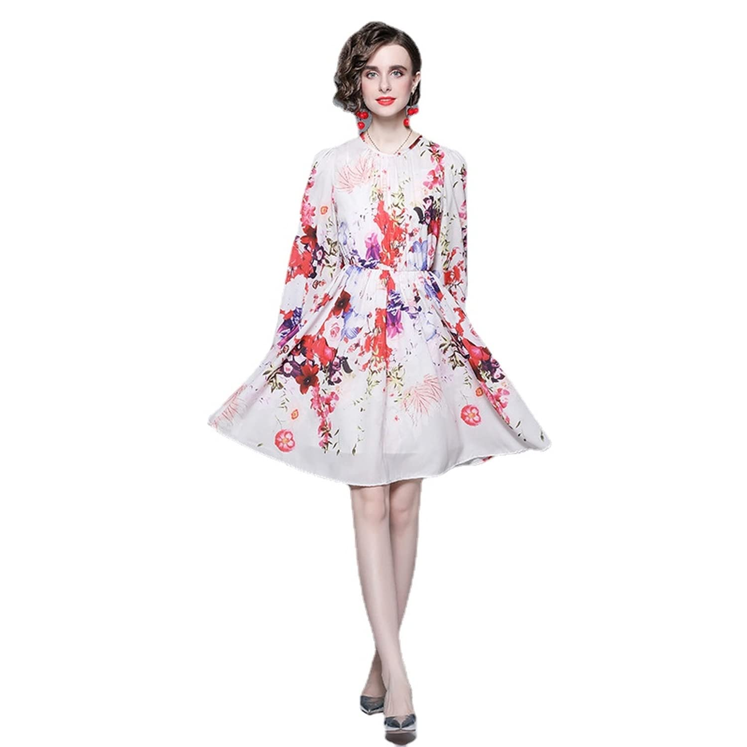 2022 Spring Summer Women's Printed Chiffon Waist-Defining Long Sleeve Dress - Perfect for Beach Vacations, Date Nights & Summer Parties