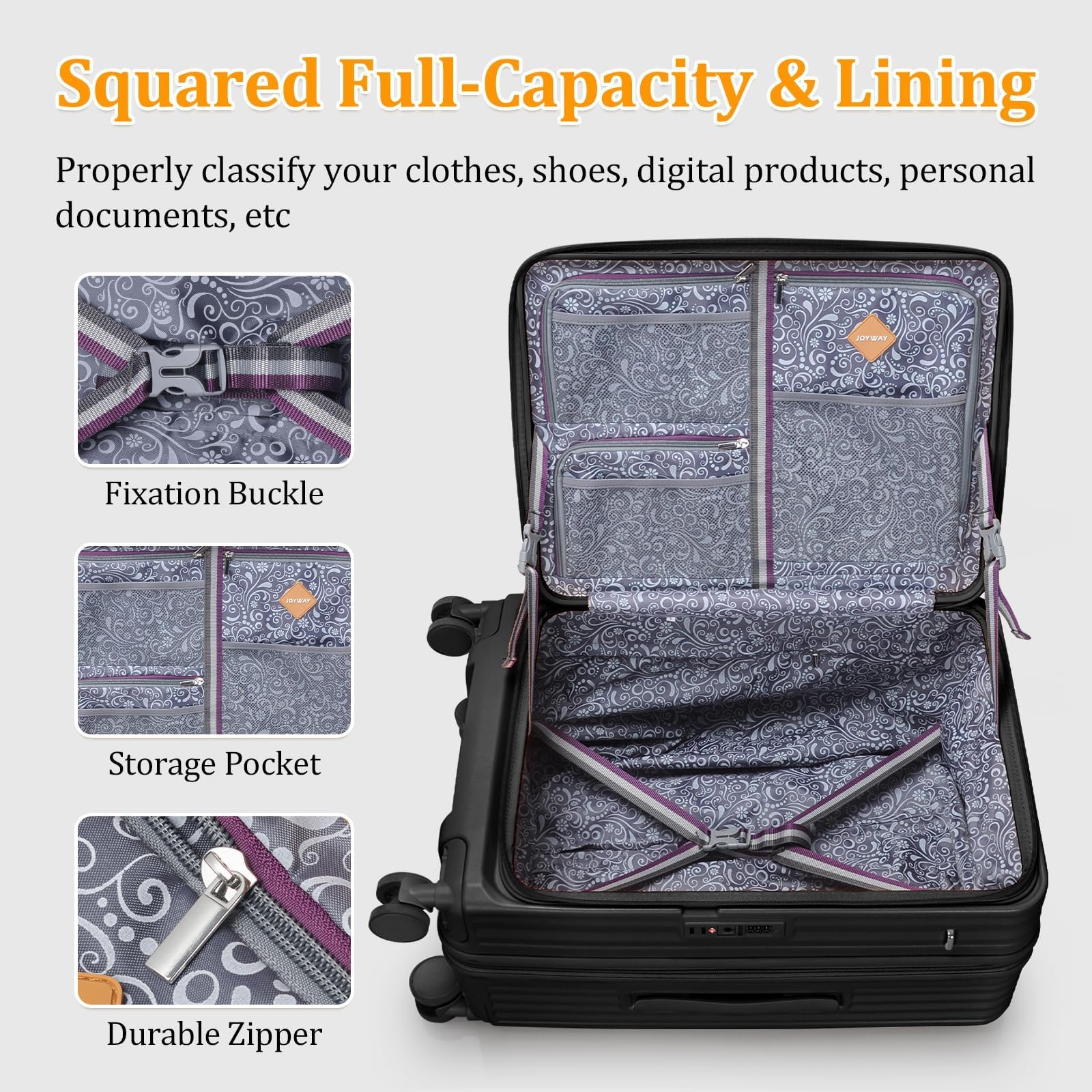 Joyway 4-Piece Hardside Expandable Luggage Set with Front Pocket, Spinner Wheels & TSA Lock - Black PC Suitcase for Travel, Business Trips & Vacations
