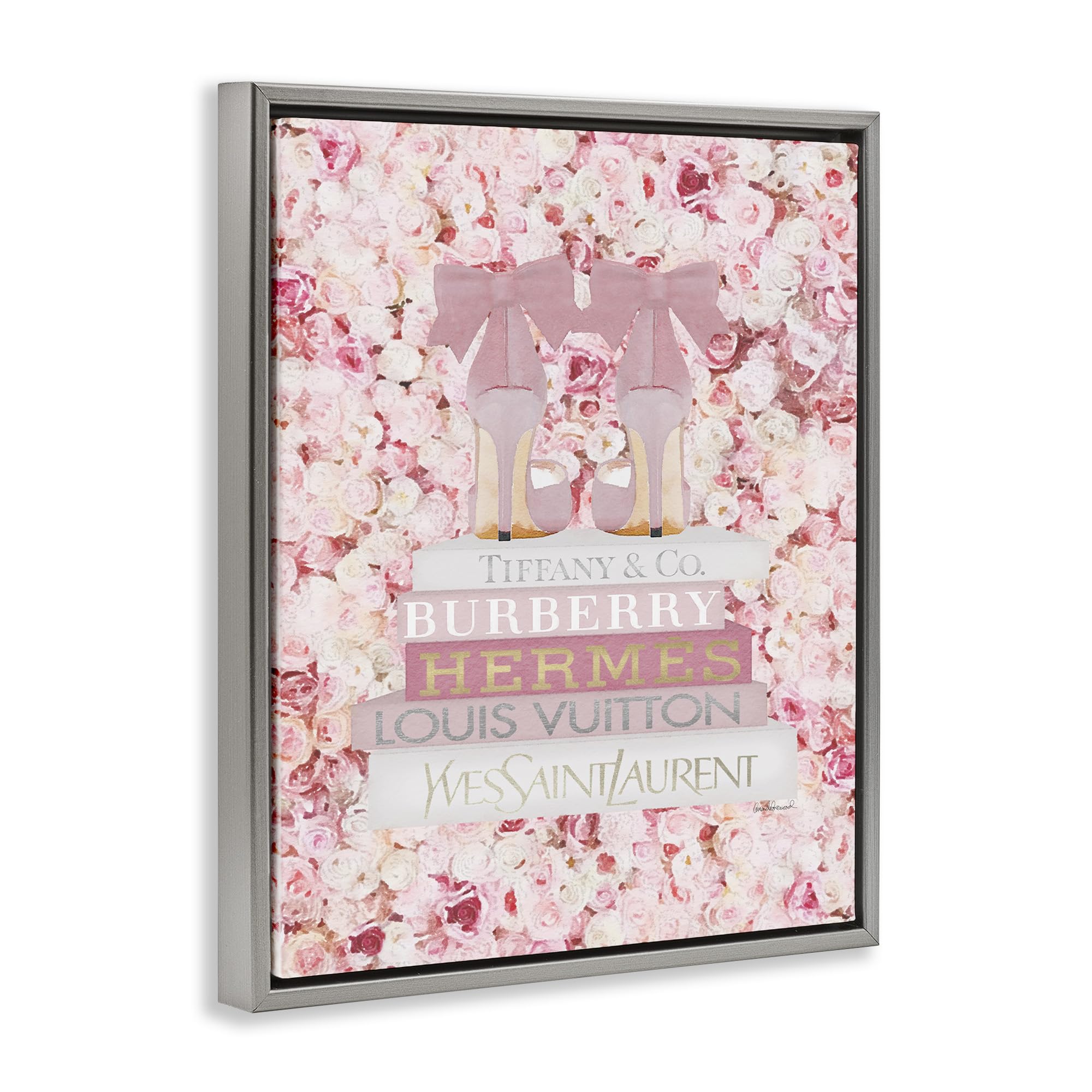 Stupell Industries Pink Fashion Heals Wall Art with Glam Books & Rose Details - Floater Frame Design by Amanda Greenwood - Perfect for Bedroom, Living Room & Office Decor