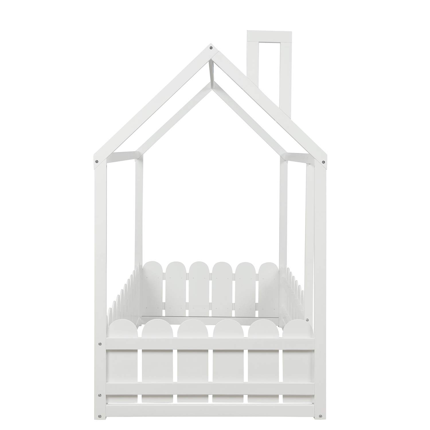Twin Size Wooden House Bed Frame with Roof and Fence - Playful Cabin Style Floor Bed for Kids, Nursery Furniture & Children's Play Tent (White) - Perfect for Bedrooms, Playrooms & Montessori Learning Spaces