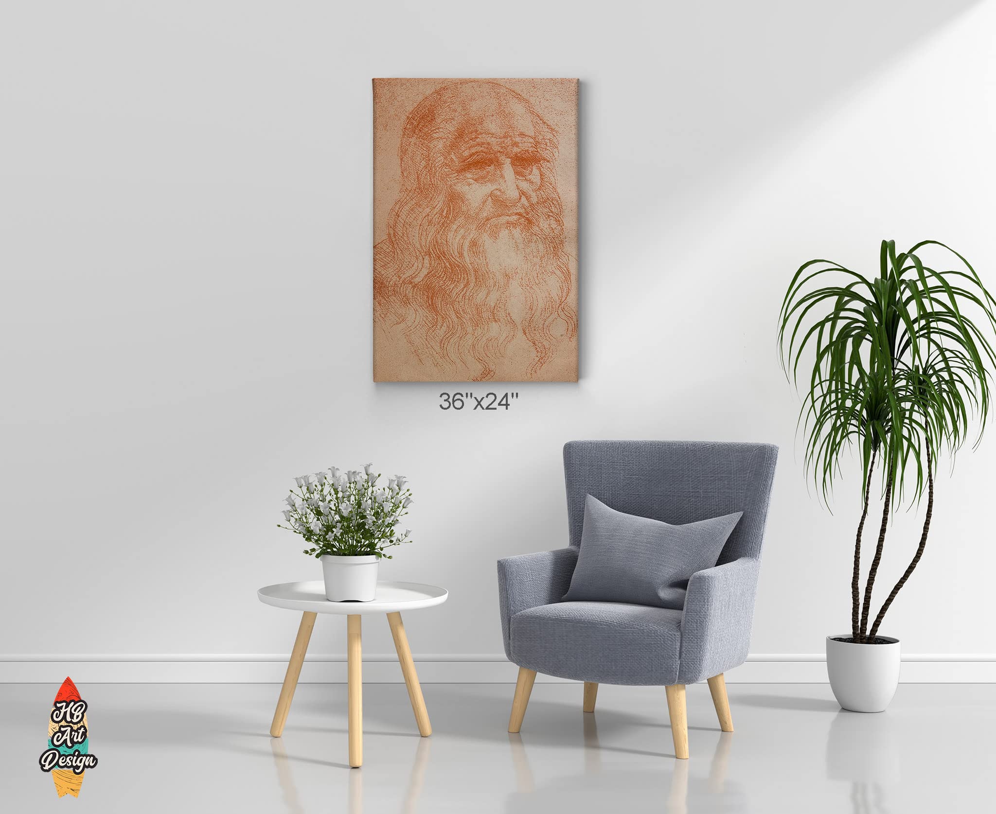 Leonardo Da Vinci Self Portrait in Red Chalk - Famous Renaissance Art Masterpiece Canvas Wall Art Print (36x24 Inch) - Ready to Hang for Office, Living Room, Bedroom & Home Decor | Perfect Gift for Art Lovers & Classic Painting Enthusiasts