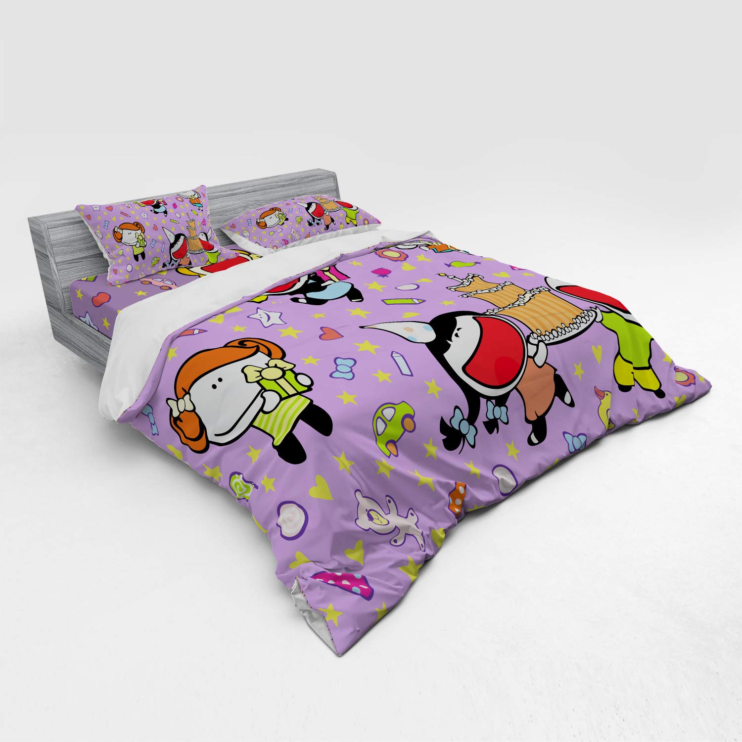 Ambesonne Birthday Duvet Cover Set - Happy Cake, Presents, Bears & Stars on Purple Background | 3-Piece King Size Bedding Set with Sham & Fitted Sheet | Perfect for Birthday Parties, Kids' Rooms & Gift Giving
