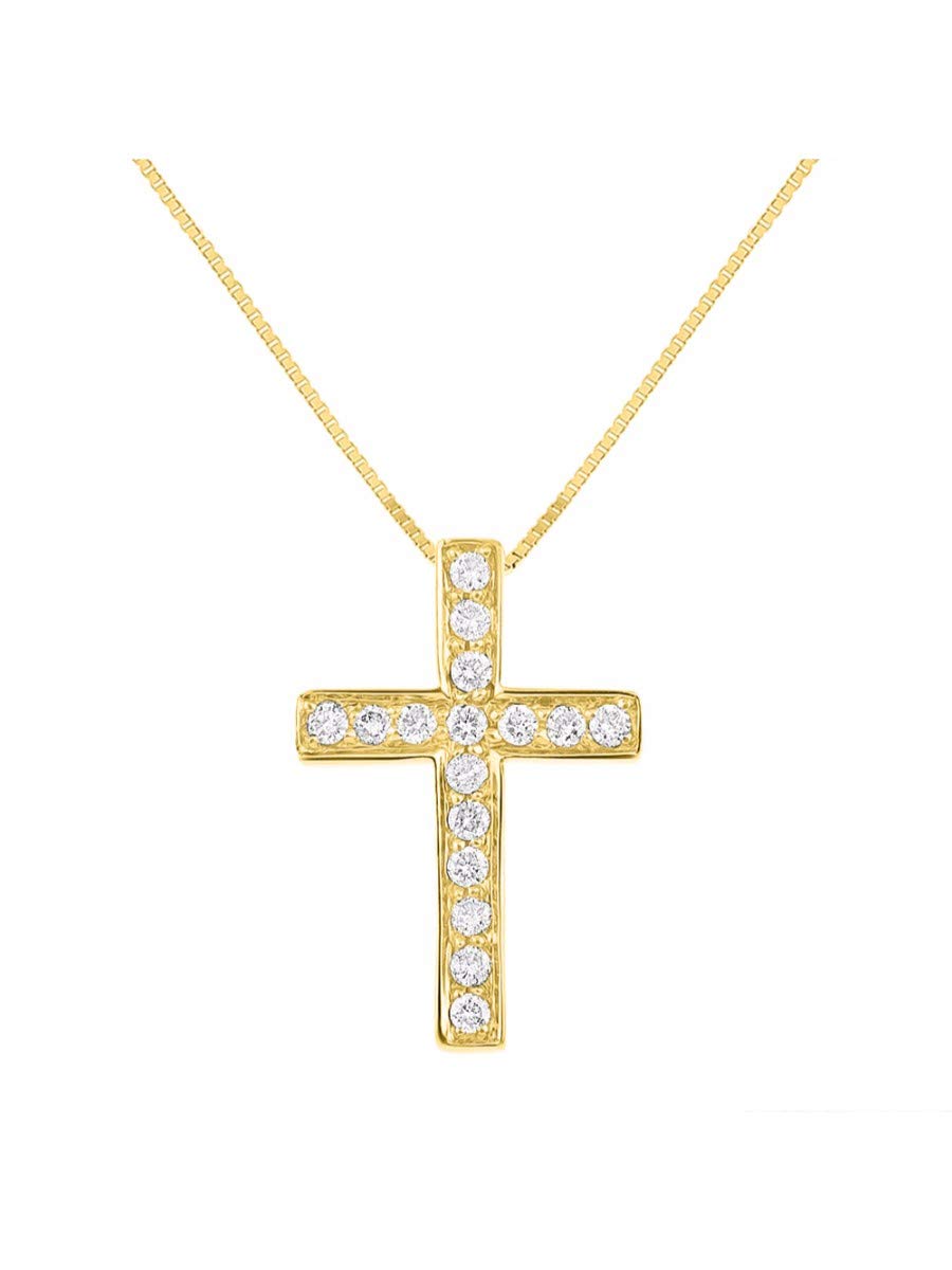 1/4 CTTW Diamond Cross Pendant Necklace - 14K Yellow Gold or White Gold with 18 Inch Solid Gold Chain - Perfect for Baptism, First Communion & Religious Gifts