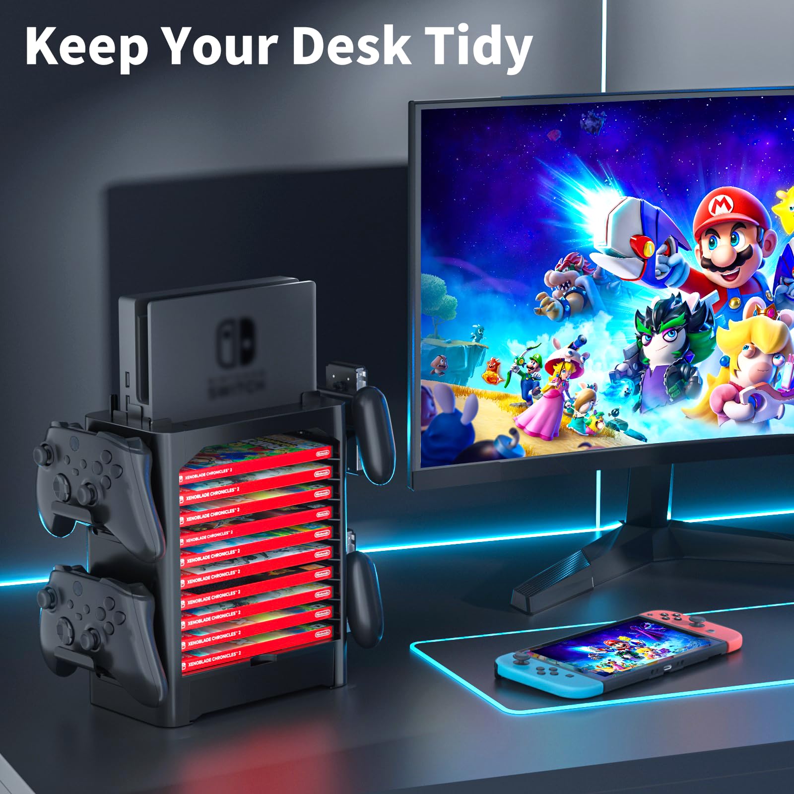 Premium Nintendo Switch/OLED Game Storage Tower - 10 Game Case Holder, 4 Controller Stand & Joy-Con Drawer | Compact Organizer for Switch Accessories | Perfect for Gaming Setup & Travel Storage