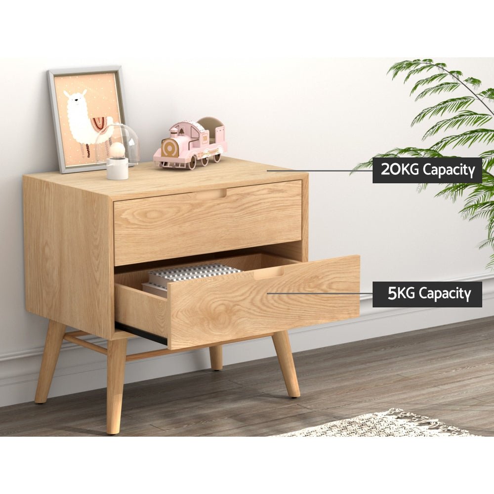 Gino Oak Bedside Table with 2 Drawers - Nightstand for Bedroom, Living Room, or Office - Compact Storage Solution with Drawers for Books, Lamps, and Essentials