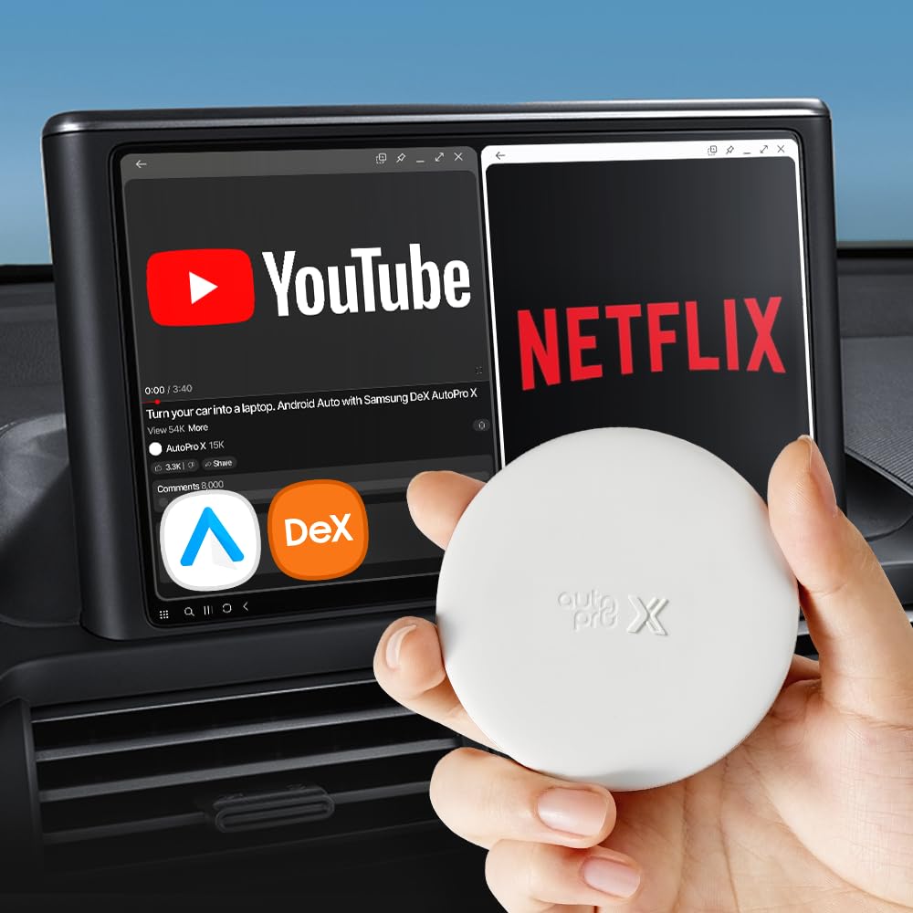 AutoPro X Wireless Android Auto & Samsung DeX Adapter - Stream YouTube, ESPN, Netflix in Car | Use All Google Play Apps from Galaxy Phone | Perfect for Road Trips & Commuting