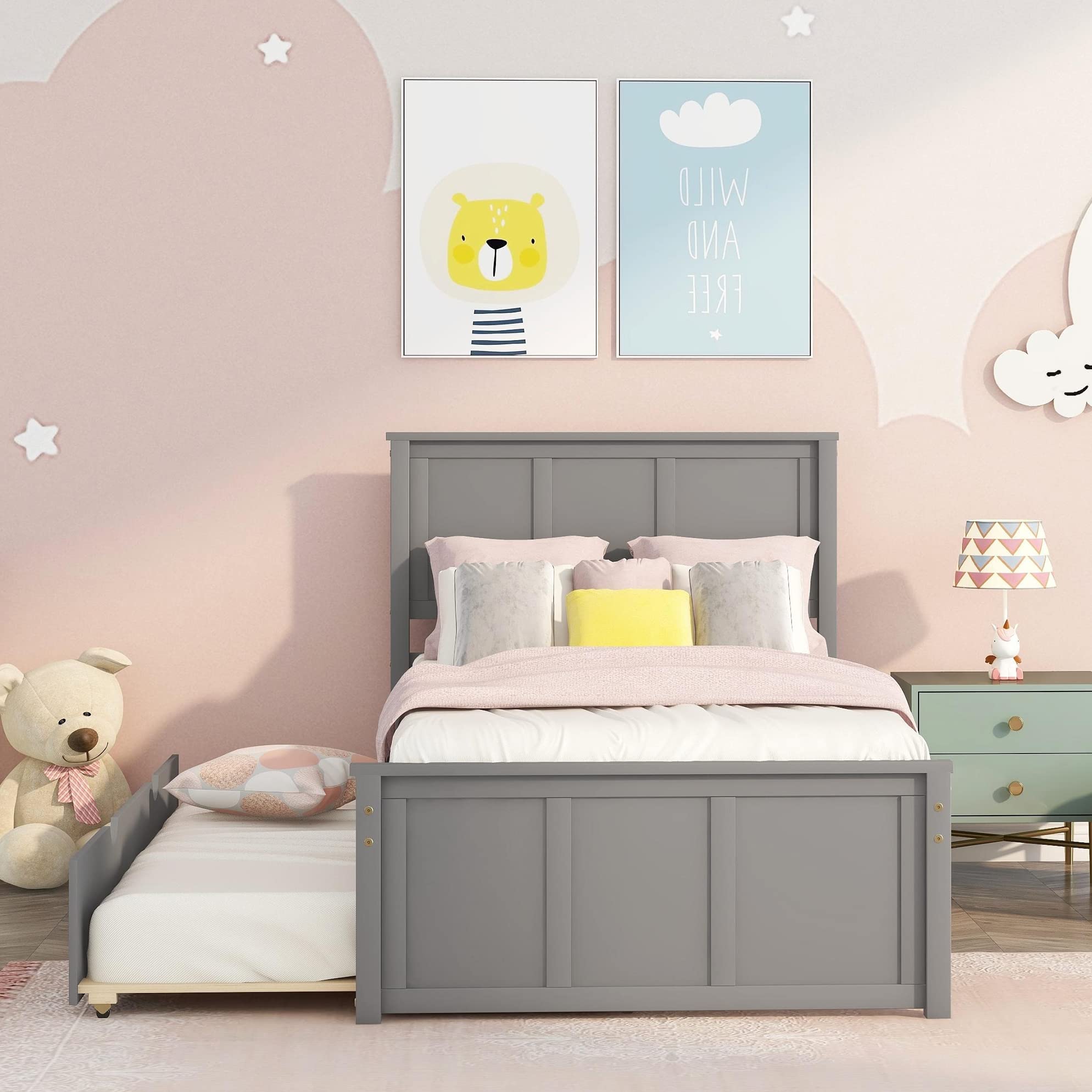 Harper & Bright Designs Solid Wood Twin Bed Frame with Pull-Out Trundle - No Box Spring Needed, Grey - Perfect for Kids' Bedroom, Guest Room & Space-Saving Solutions